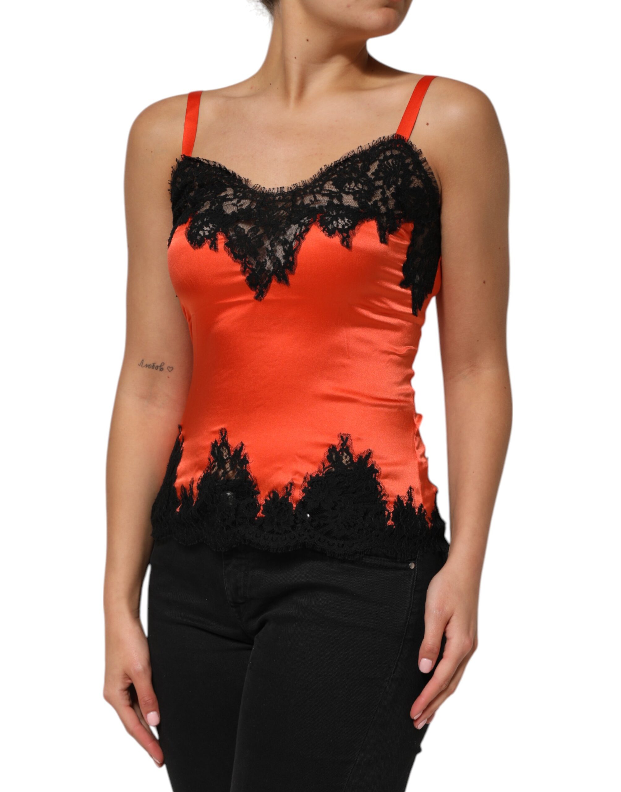 Dolce & Gabbana Red Black Lace Trim Silk Sleeveless Tank Top - Image 3