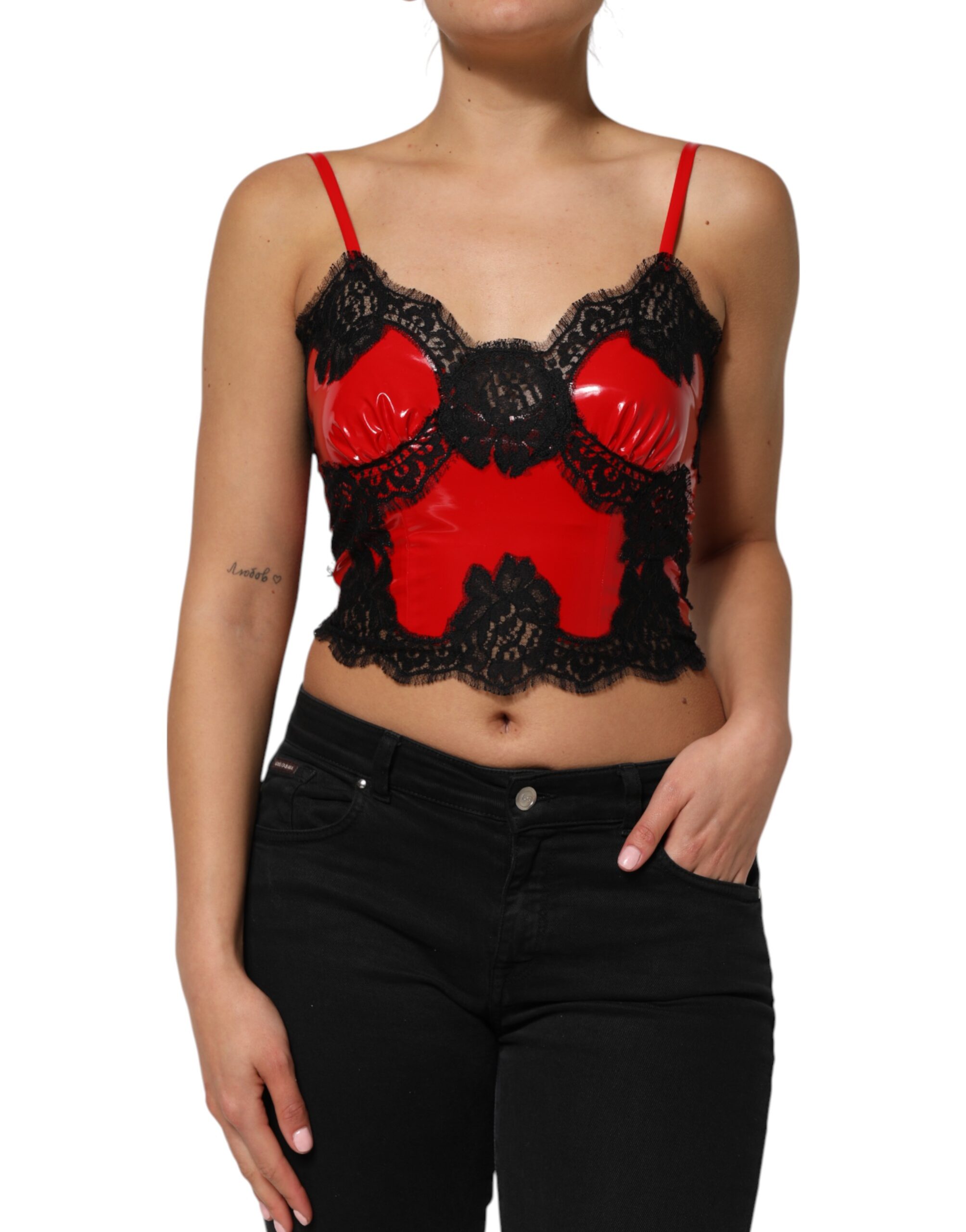 Dolce & Gabbana Red Black Lace Trim Polyester Sleeveless Tank Top - Image 2