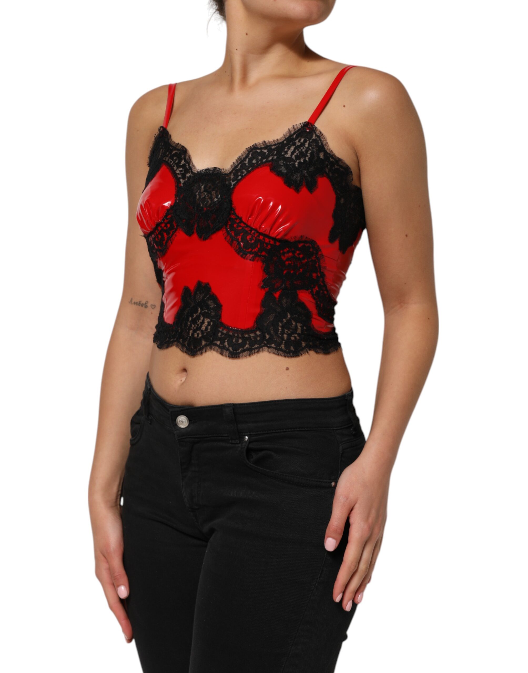 Dolce & Gabbana Red Black Lace Trim Polyester Sleeveless Tank Top - Image 3