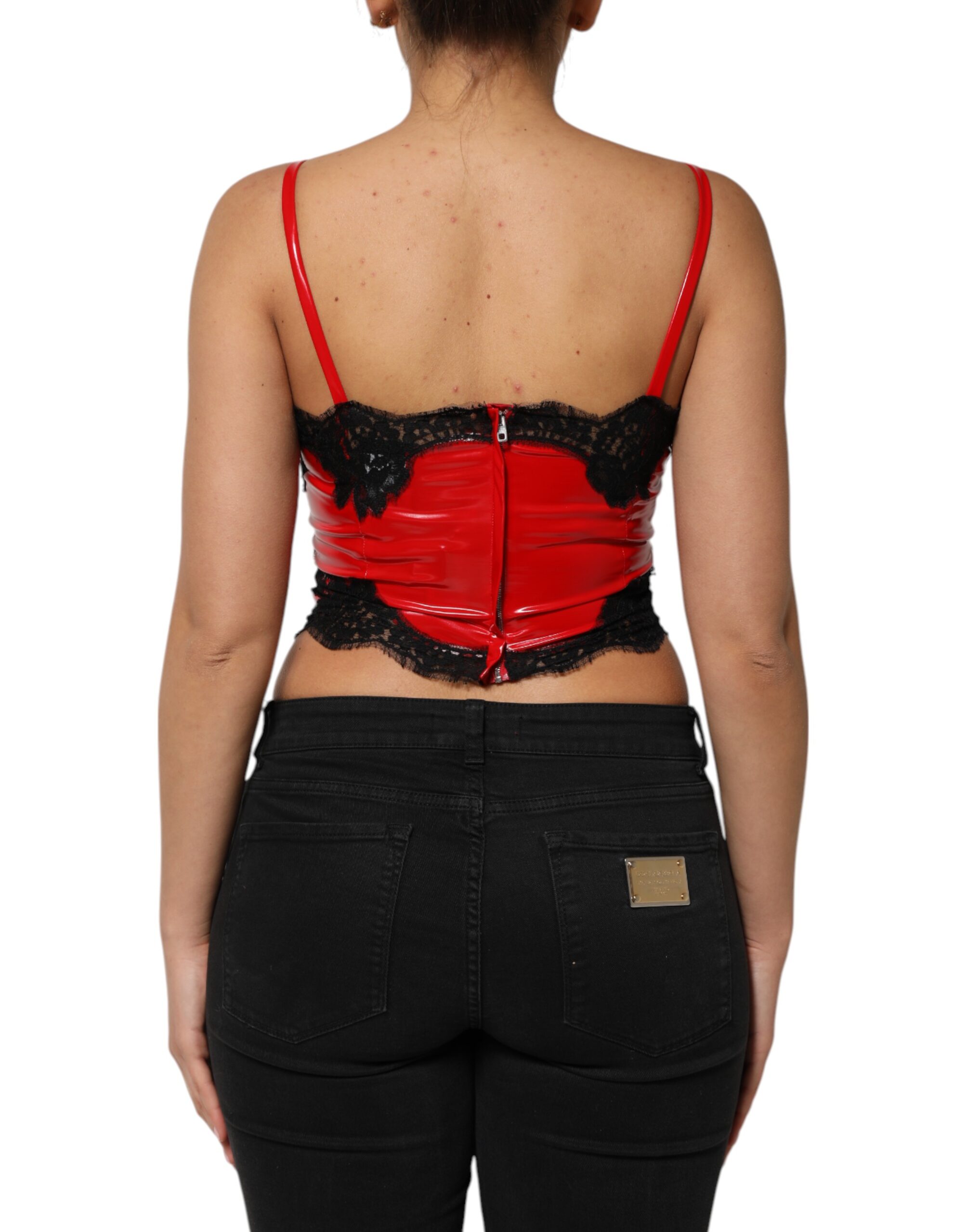 Dolce & Gabbana Red Black Lace Trim Polyester Sleeveless Tank Top - Image 4