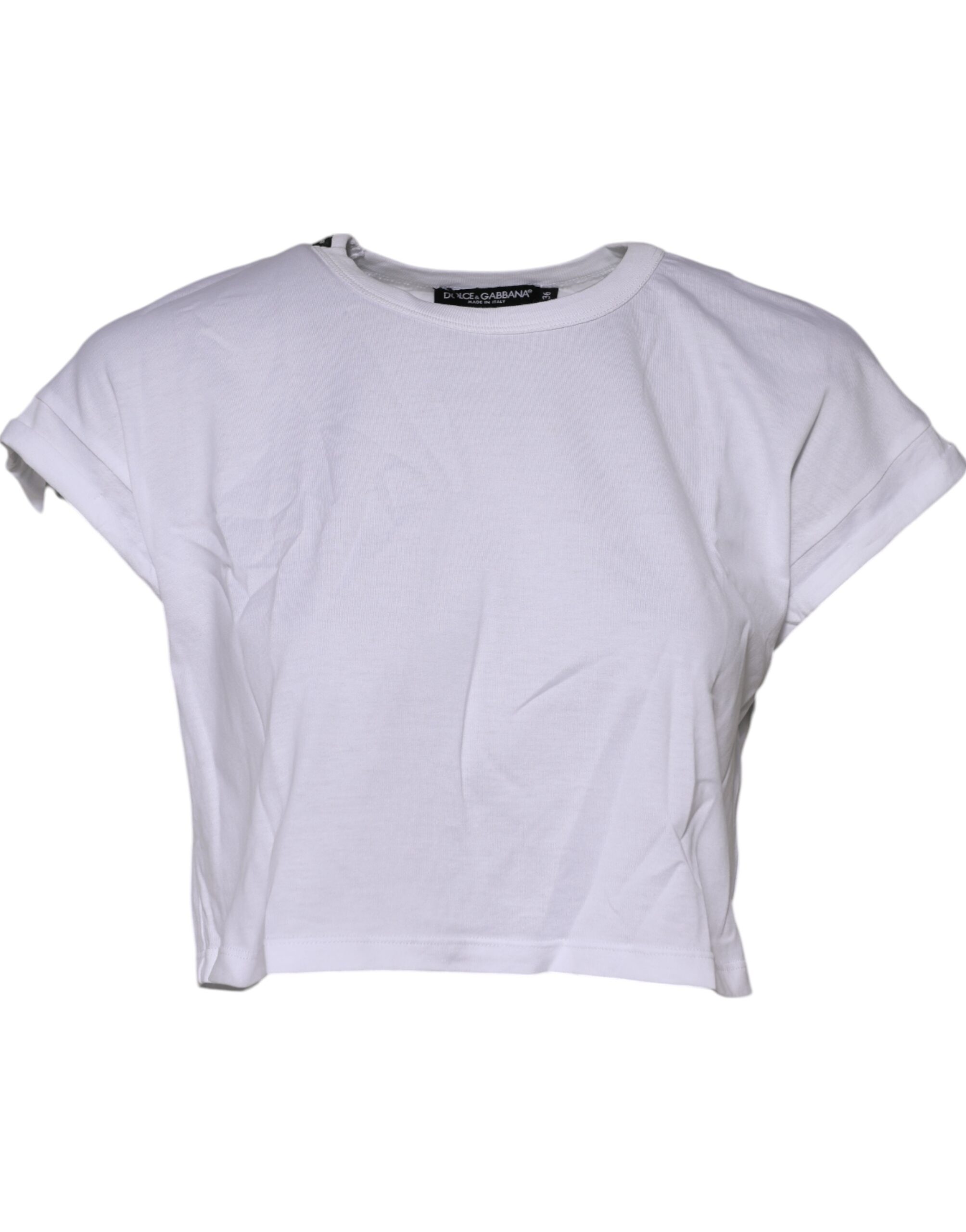 Dolce & Gabbana White Cotton Crew Neck Cropped Top T-shirt - Image 2