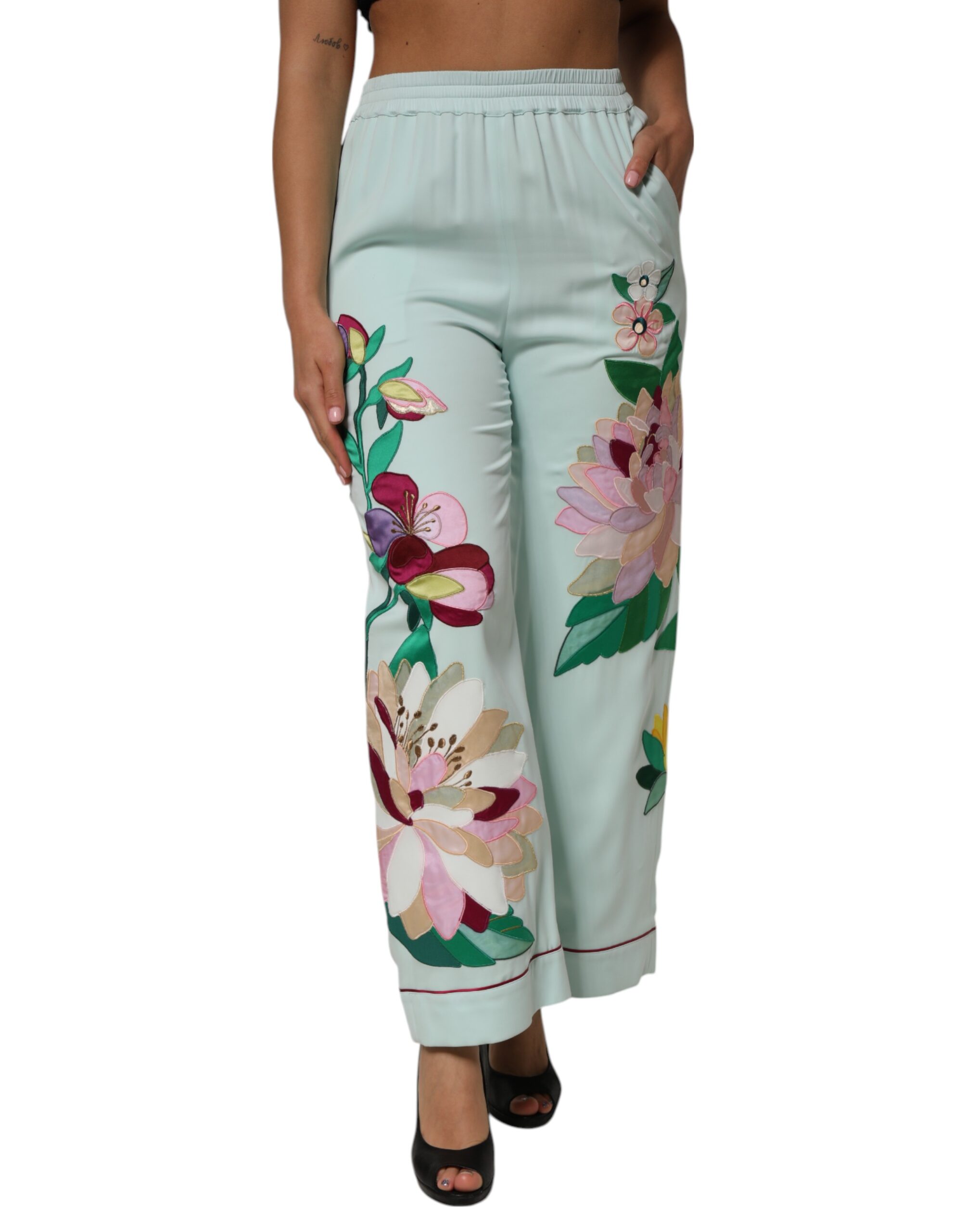 Dolce & Gabbana Green Floral Garterized Straight Pajama Pants - Image 2