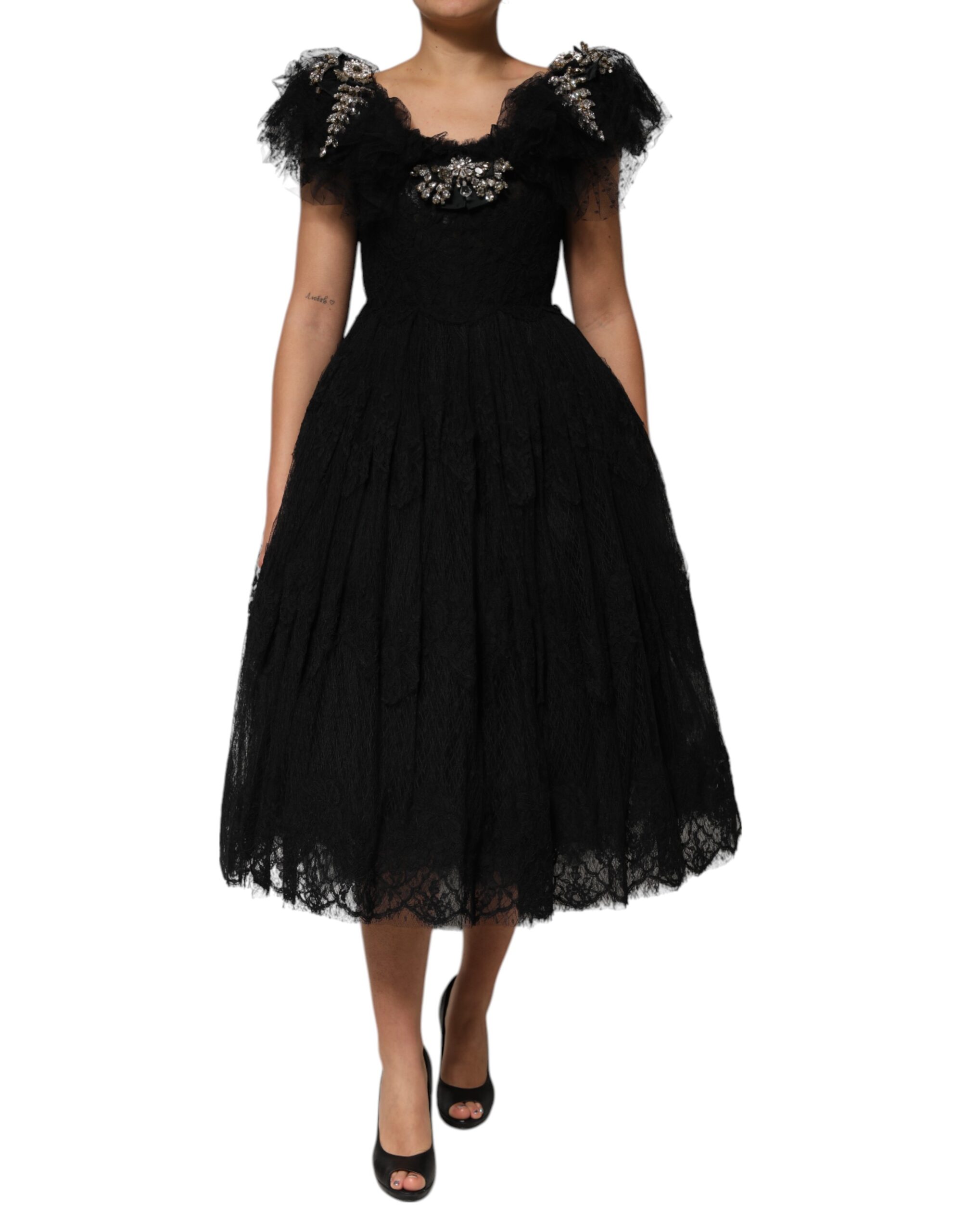 Dolce & Gabbana Black Crystal Embellished Midi A-line Dress - Image 2