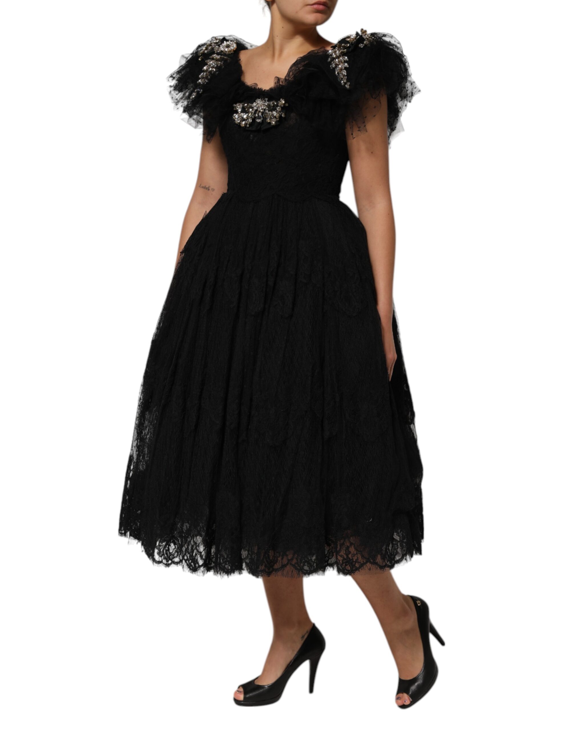 Dolce & Gabbana Black Crystal Embellished Midi A-line Dress - Image 3