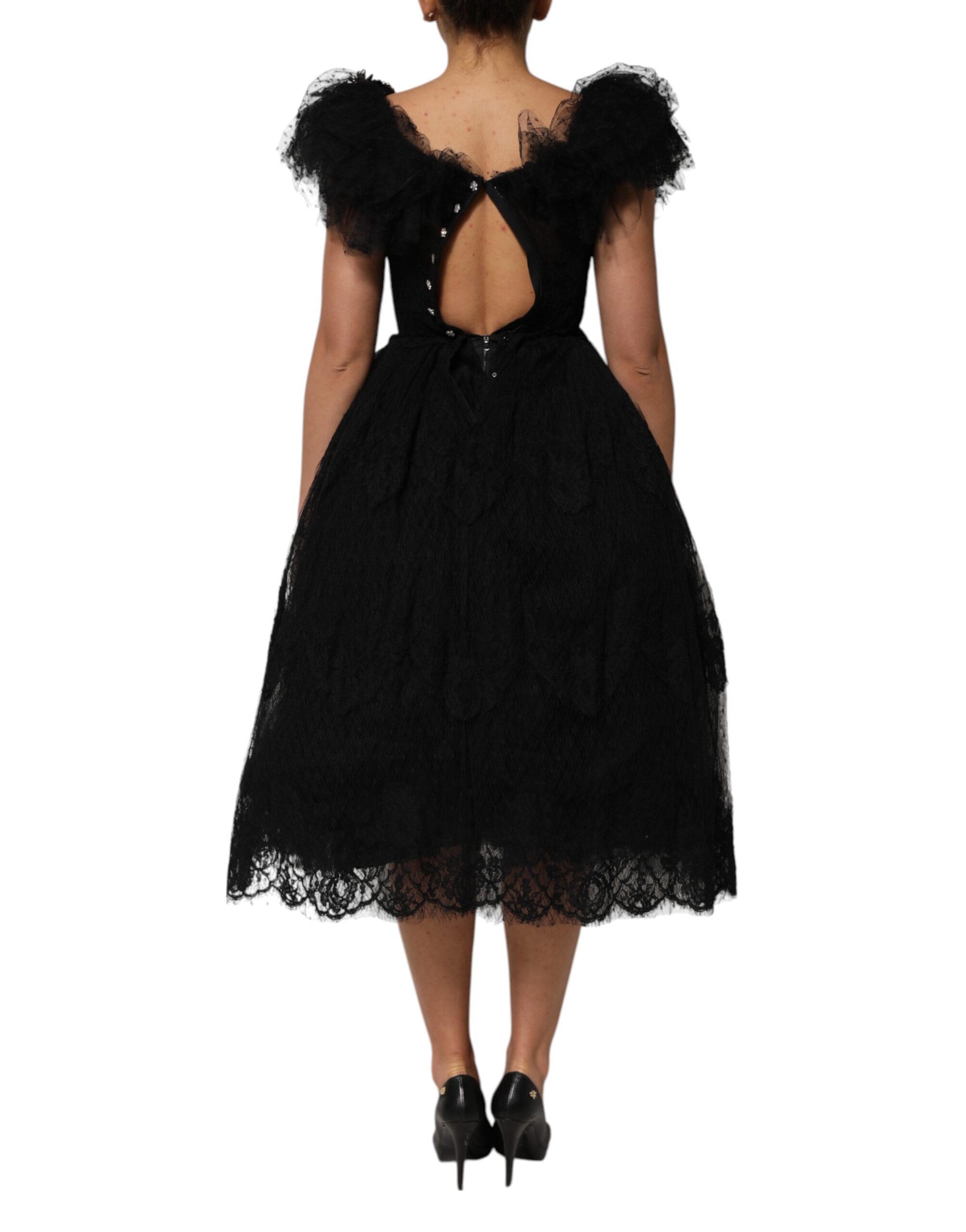 Dolce & Gabbana Black Crystal Embellished Midi A-line Dress - Image 4
