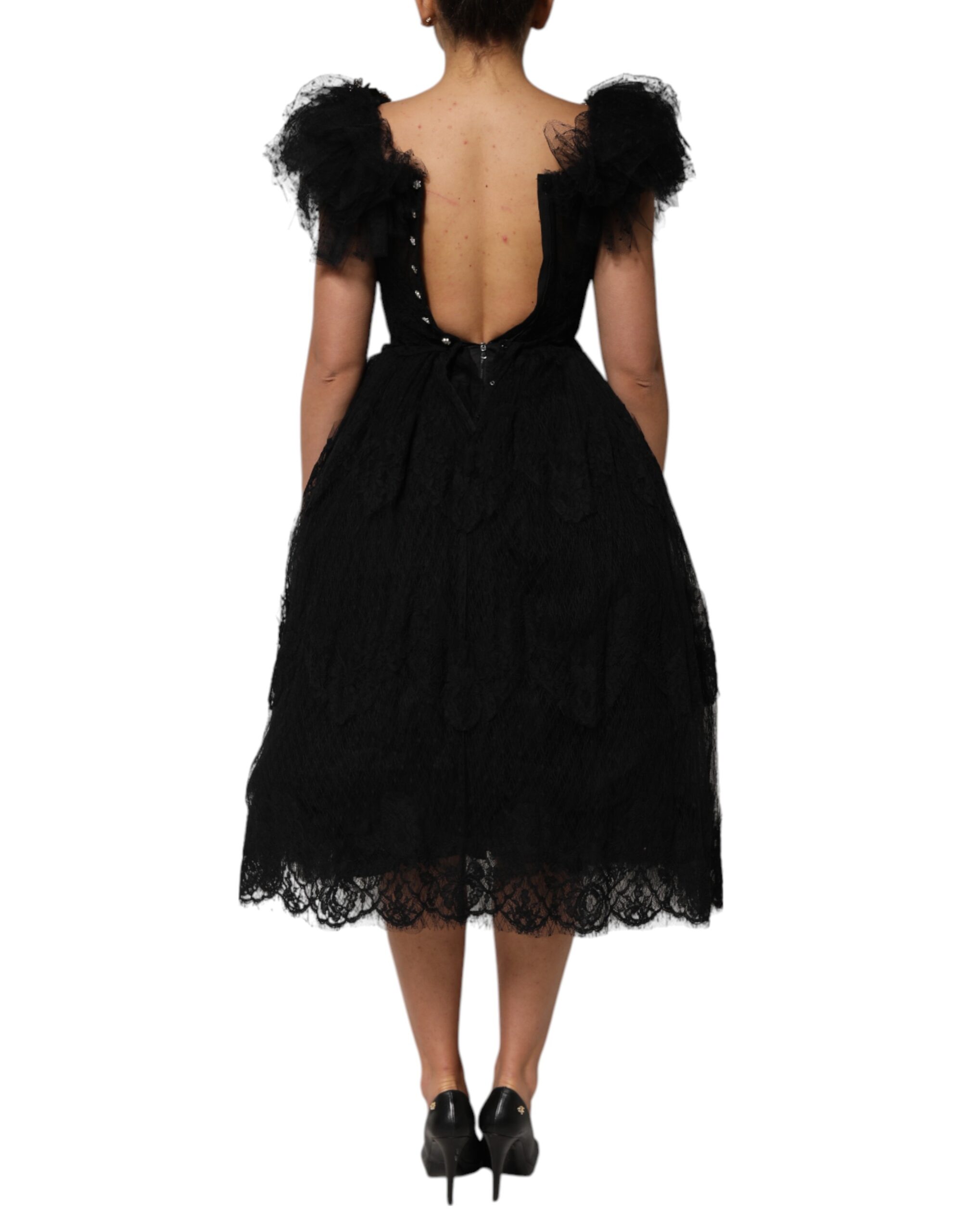 Dolce & Gabbana Black Crystal Embellished Midi A-line Dress - Image 5