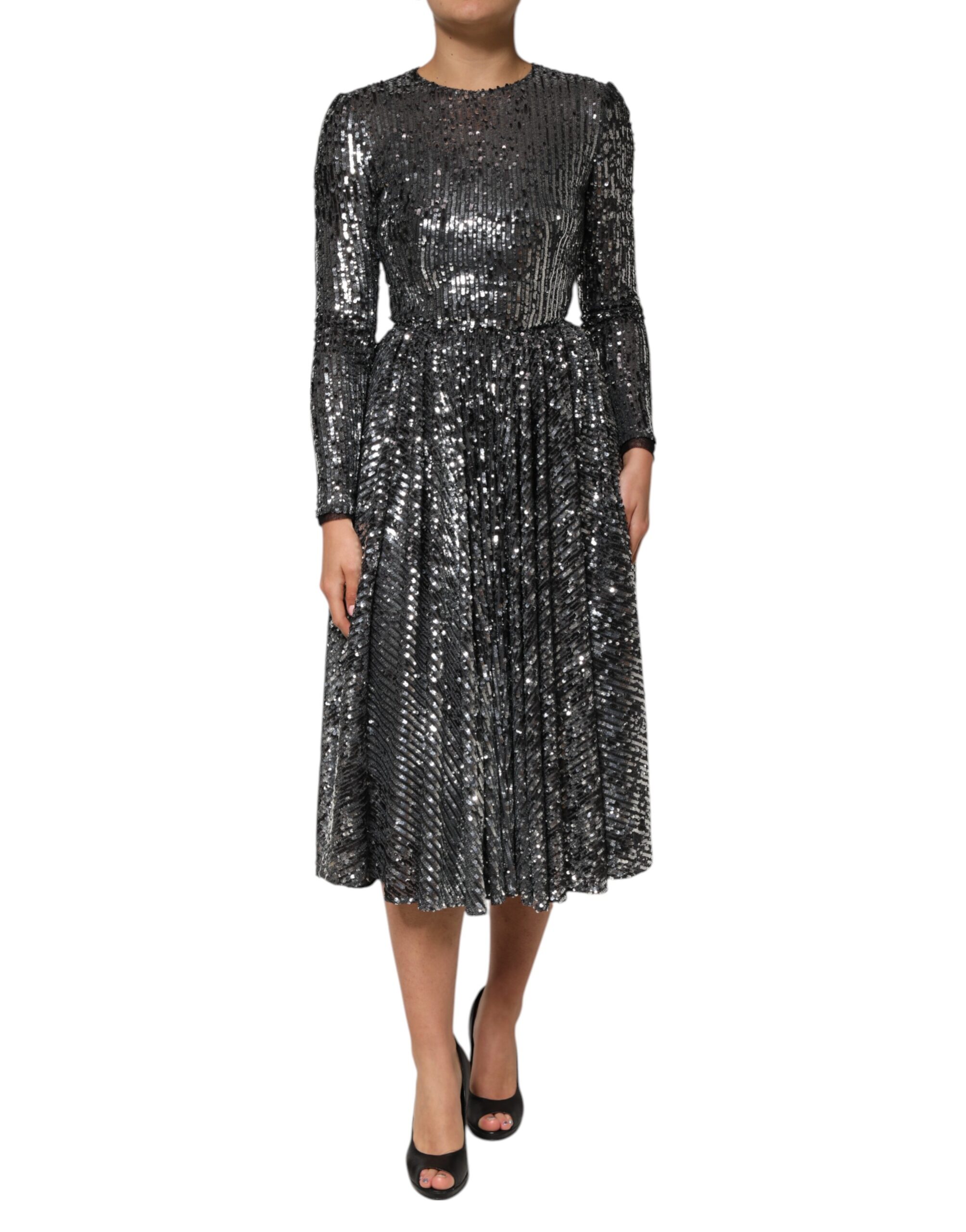 Dolce & Gabbana Black Sequined Long Sleeves Midi A-line Dress - Image 2
