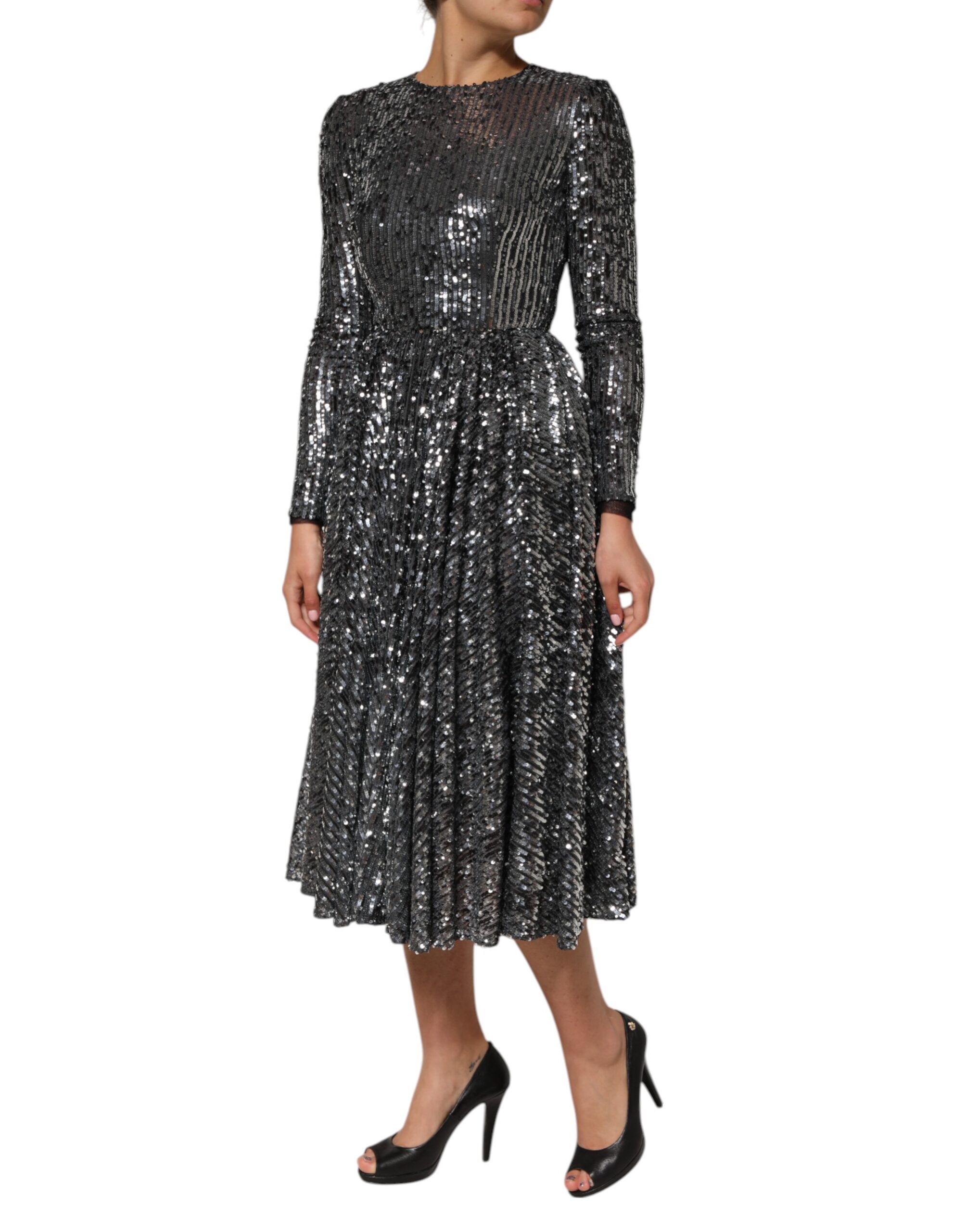 Dolce & Gabbana Black Sequined Long Sleeves Midi A-line Dress - Image 3