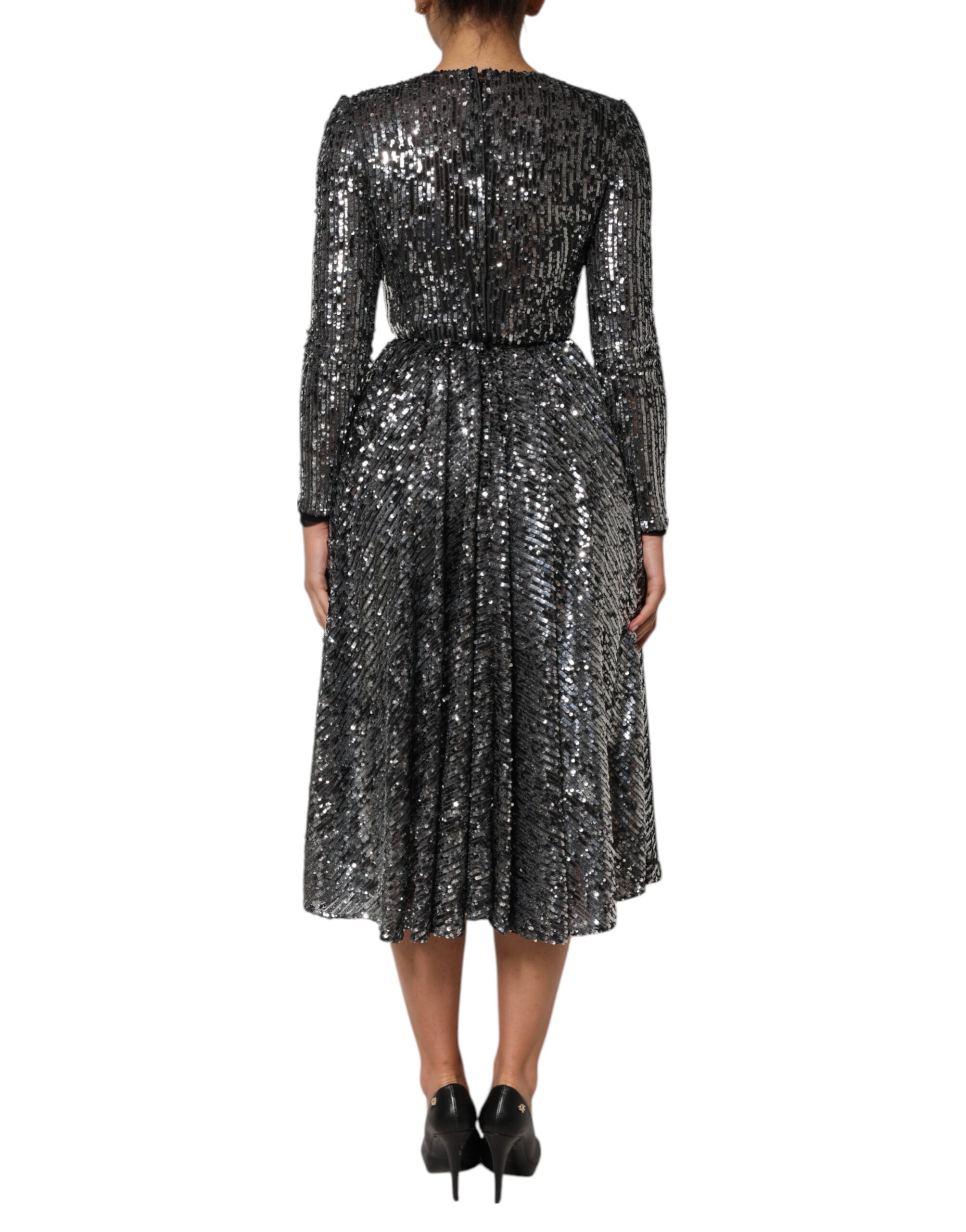 Dolce & Gabbana Black Sequined Long Sleeves Midi A-line Dress - Image 4