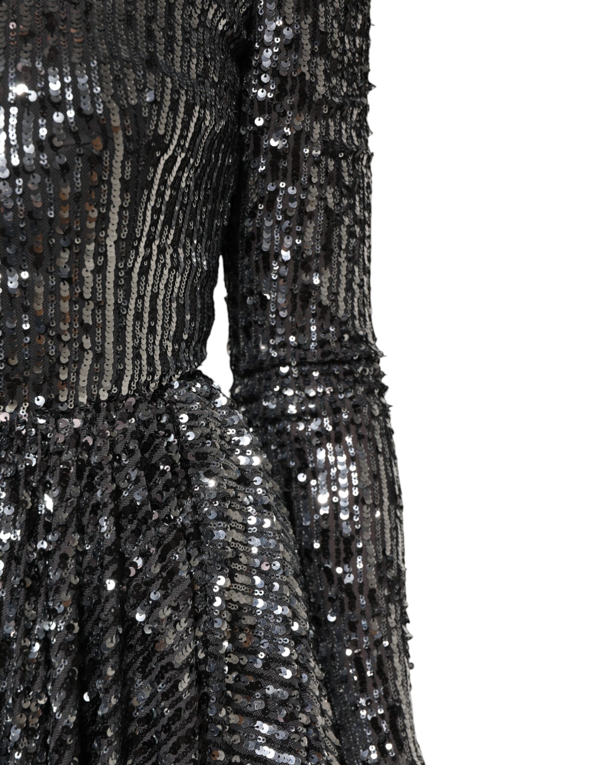 Dolce & Gabbana Black Sequined Long Sleeves Midi A-line Dress - Image 6