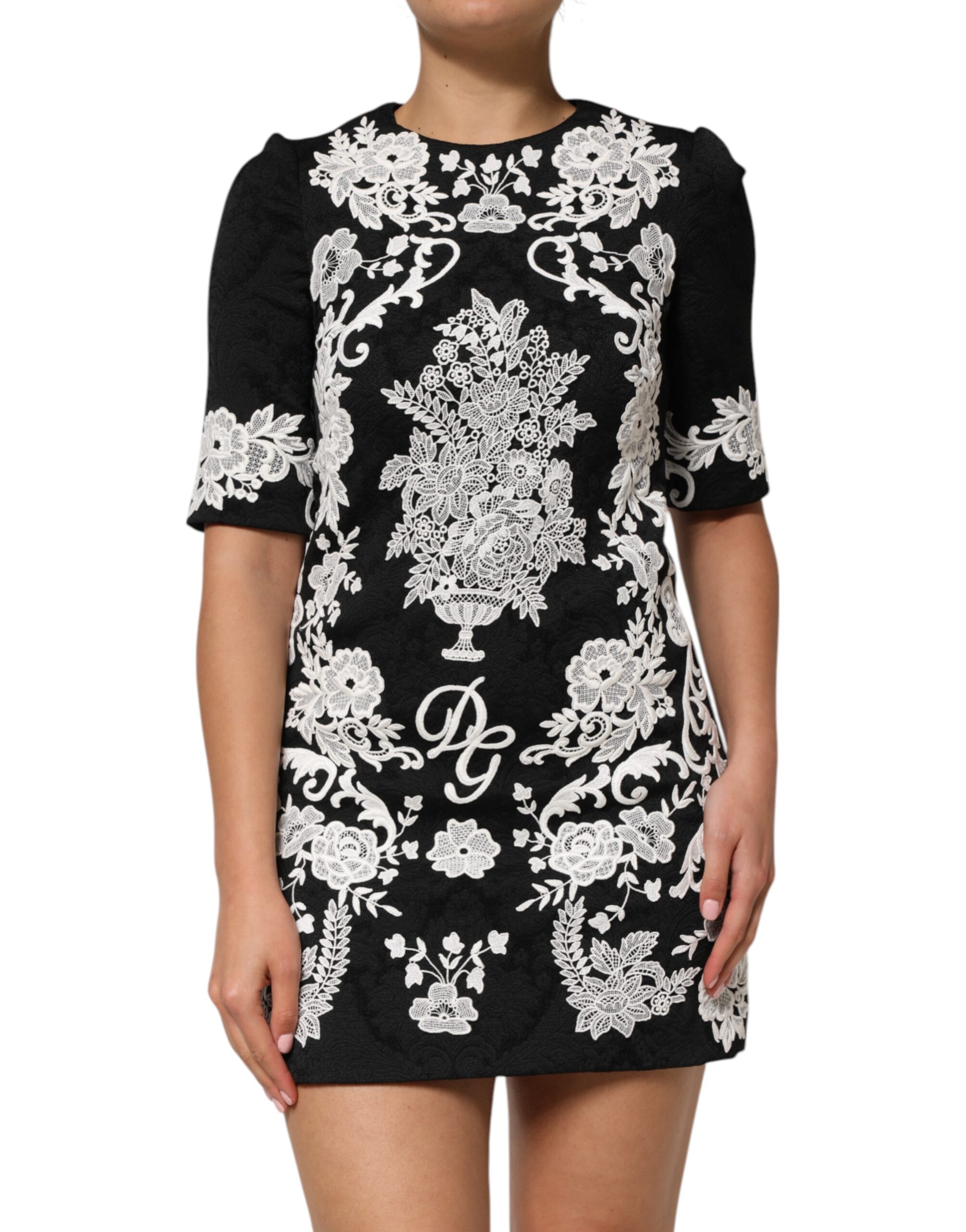 Dolce & Gabbana Black Lace Trim Short Sleeves A-line Dress - Image 2