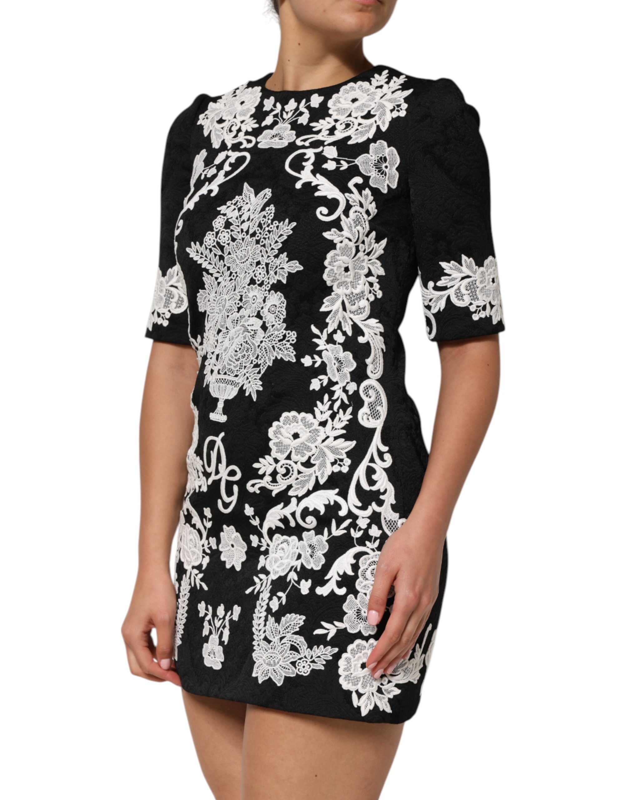 Dolce & Gabbana Black Lace Trim Short Sleeves A-line Dress - Image 3