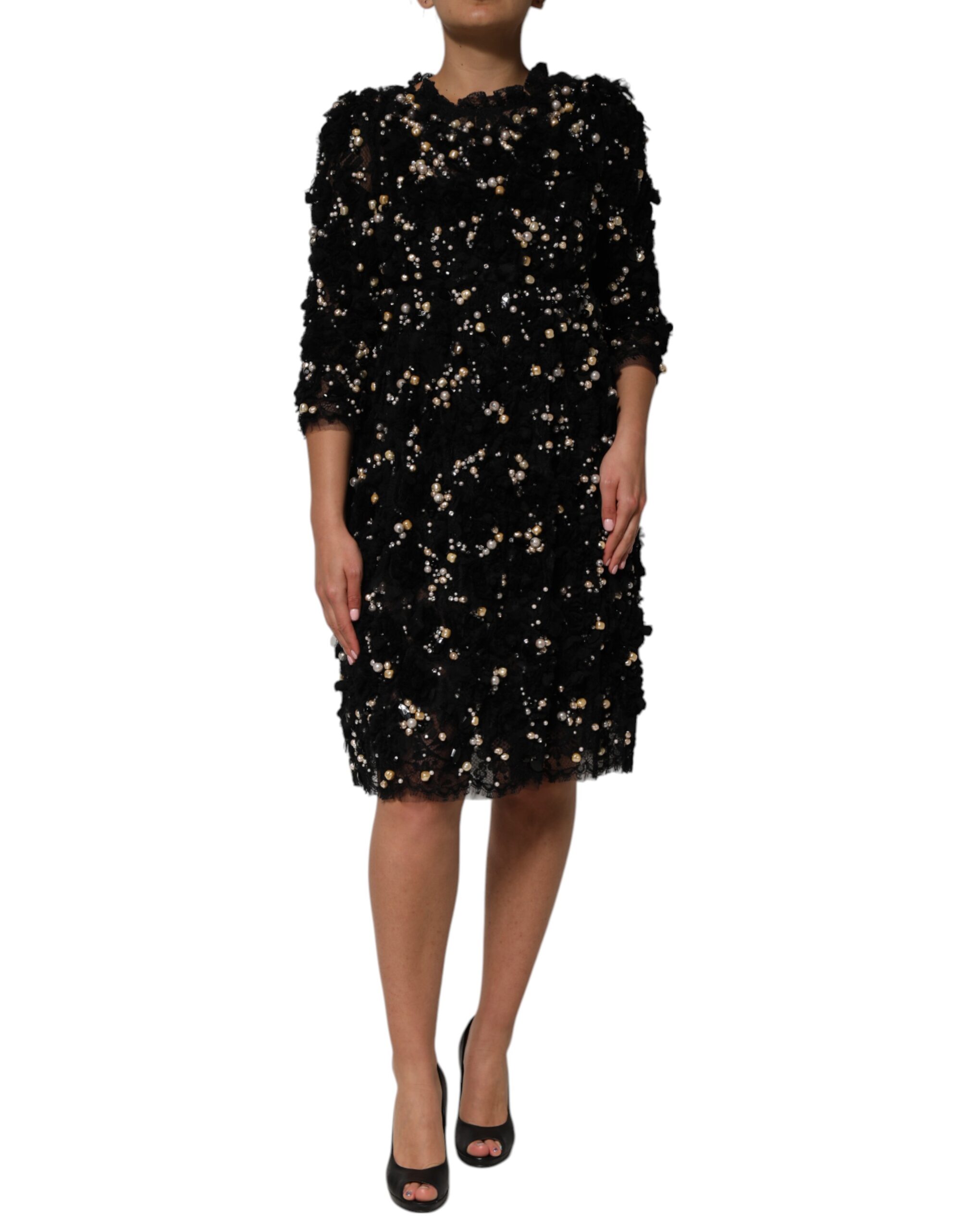 Dolce & Gabbana Black Viscose Pearl Embellishment Shift Dress - Image 2