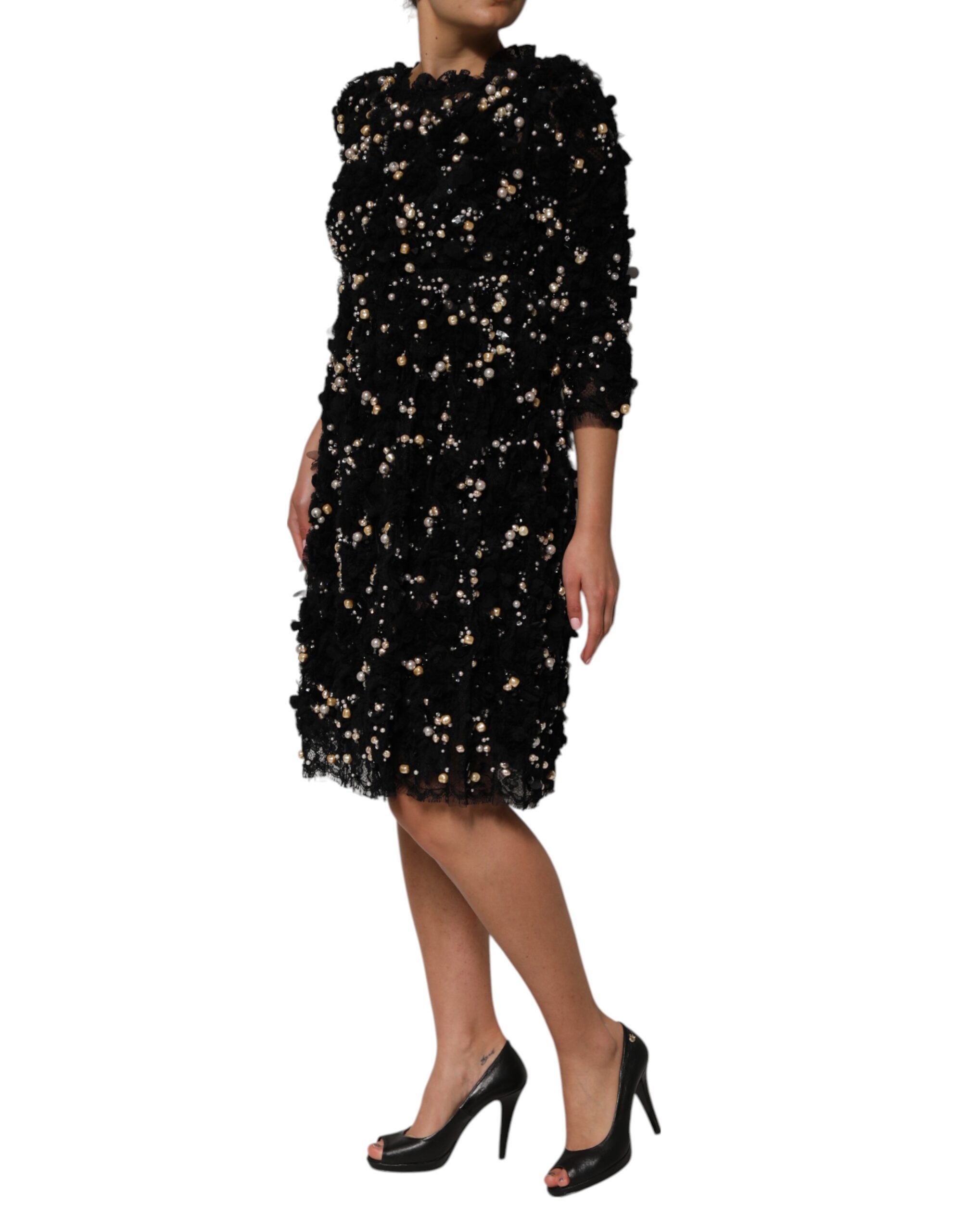 Dolce & Gabbana Black Viscose Pearl Embellishment Shift Dress - Image 3
