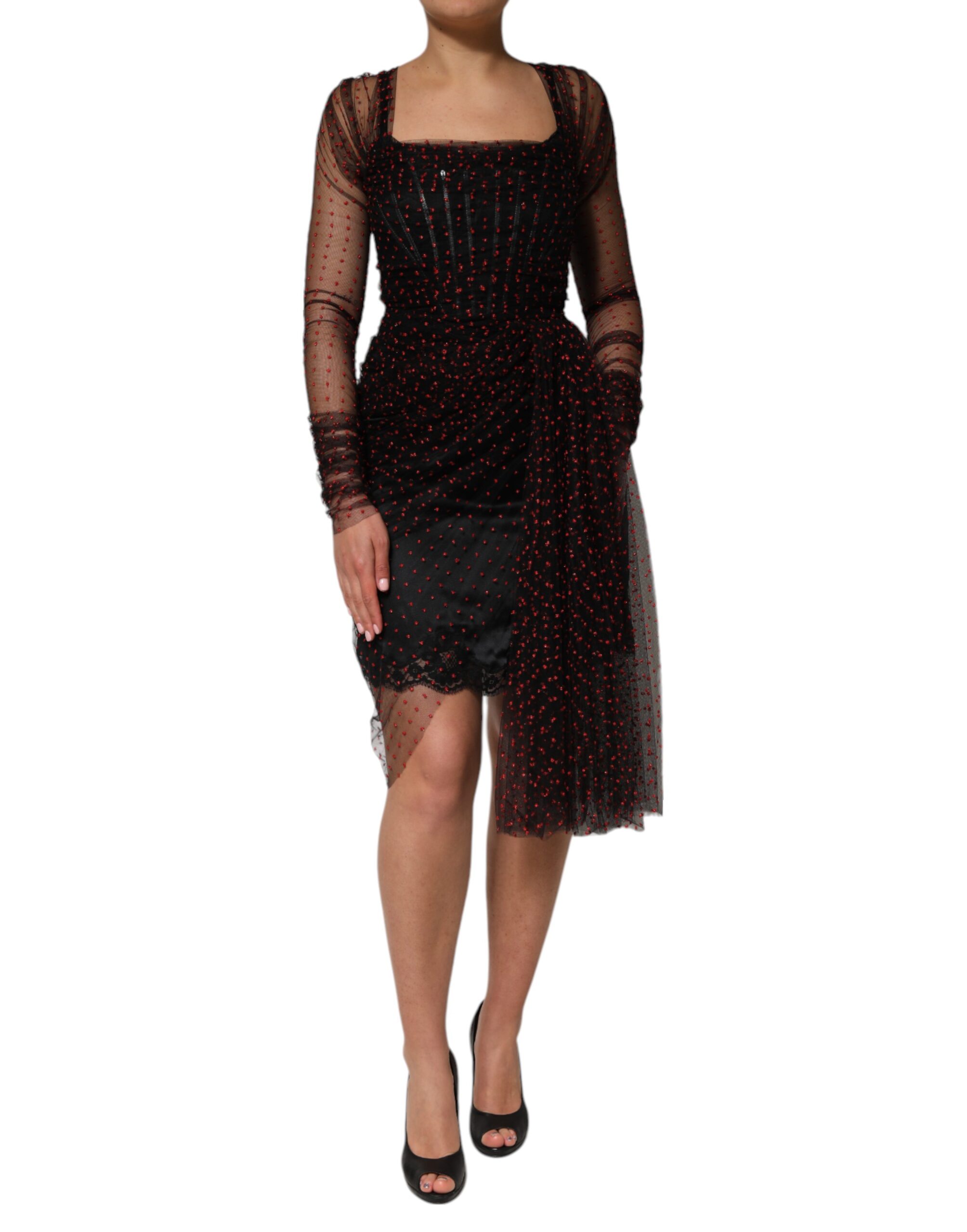 Dolce & Gabbana Black Lace Trim Long Sleeve Sheath Mini Dress - Image 2