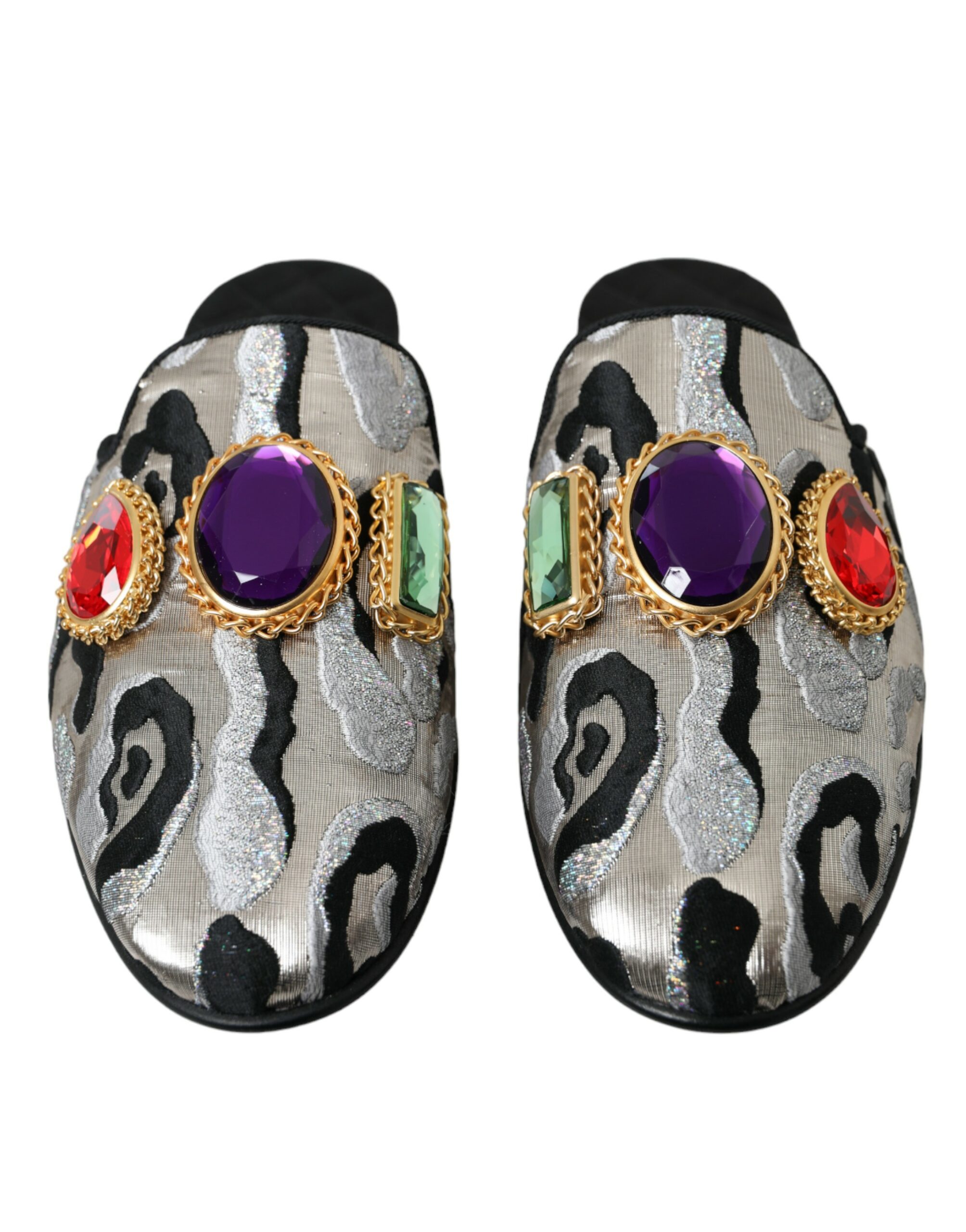 Dolce & Gabbana Gray Jacquard Crystal Mule Flat Sandals Shoes - Image 2