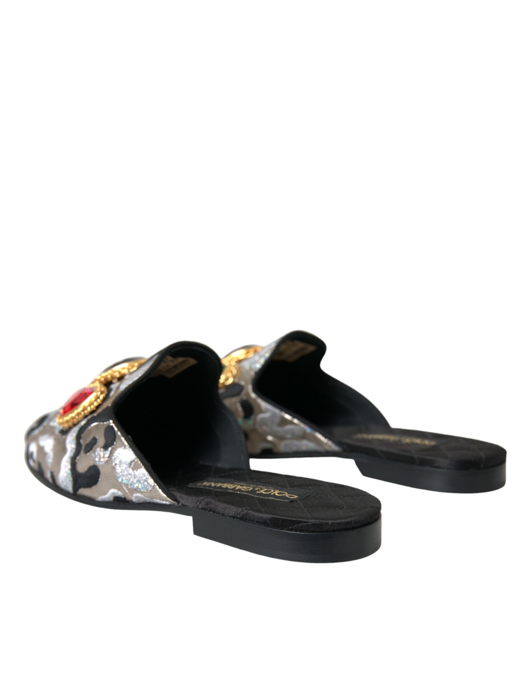 Dolce & Gabbana Gray Jacquard Crystal Mule Flat Sandals Shoes - Image 4
