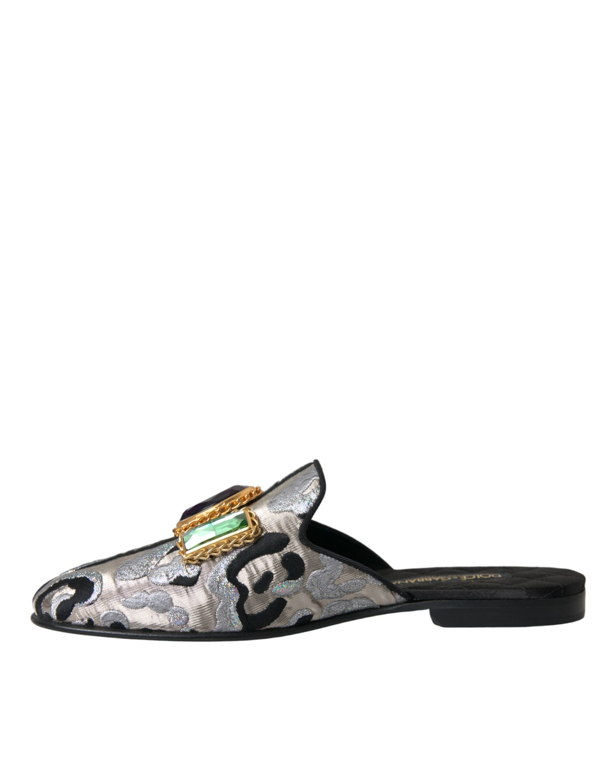 Dolce & Gabbana Gray Jacquard Crystal Mule Flat Sandals Shoes - Image 5