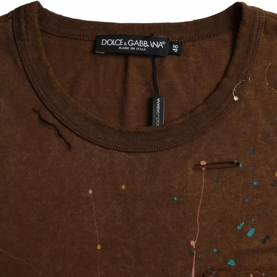 Dolce & Gabbana Brown Color Splash Cotton Crew Neck T-shirt - Image 4