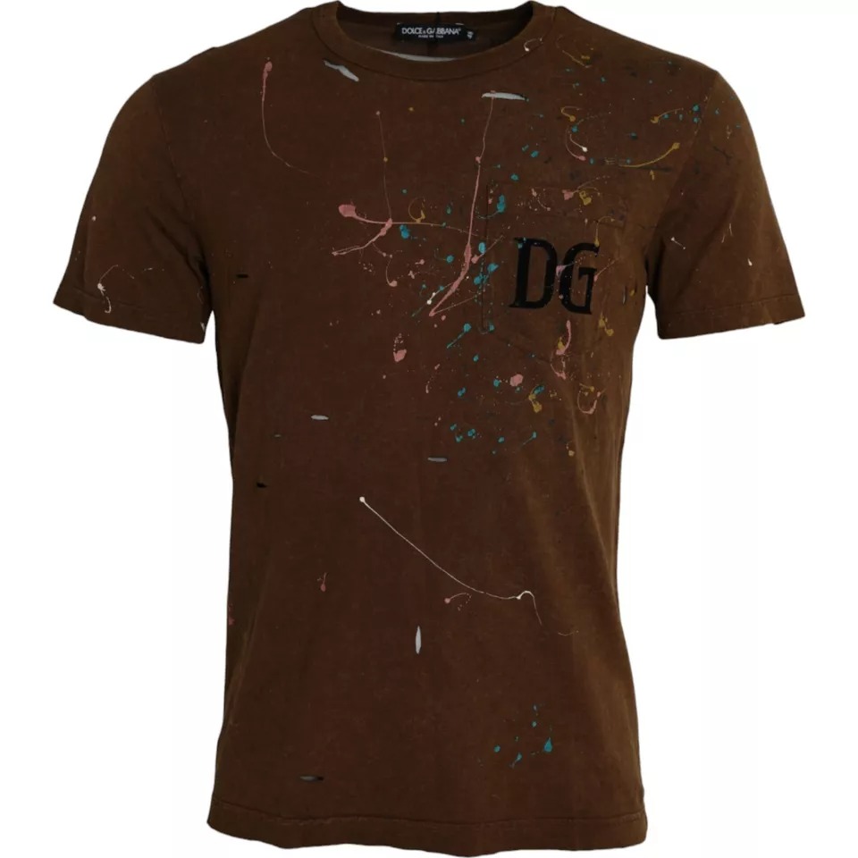 Dolce & Gabbana Brown Color Splash Cotton Crew Neck T-shirt - Image 5