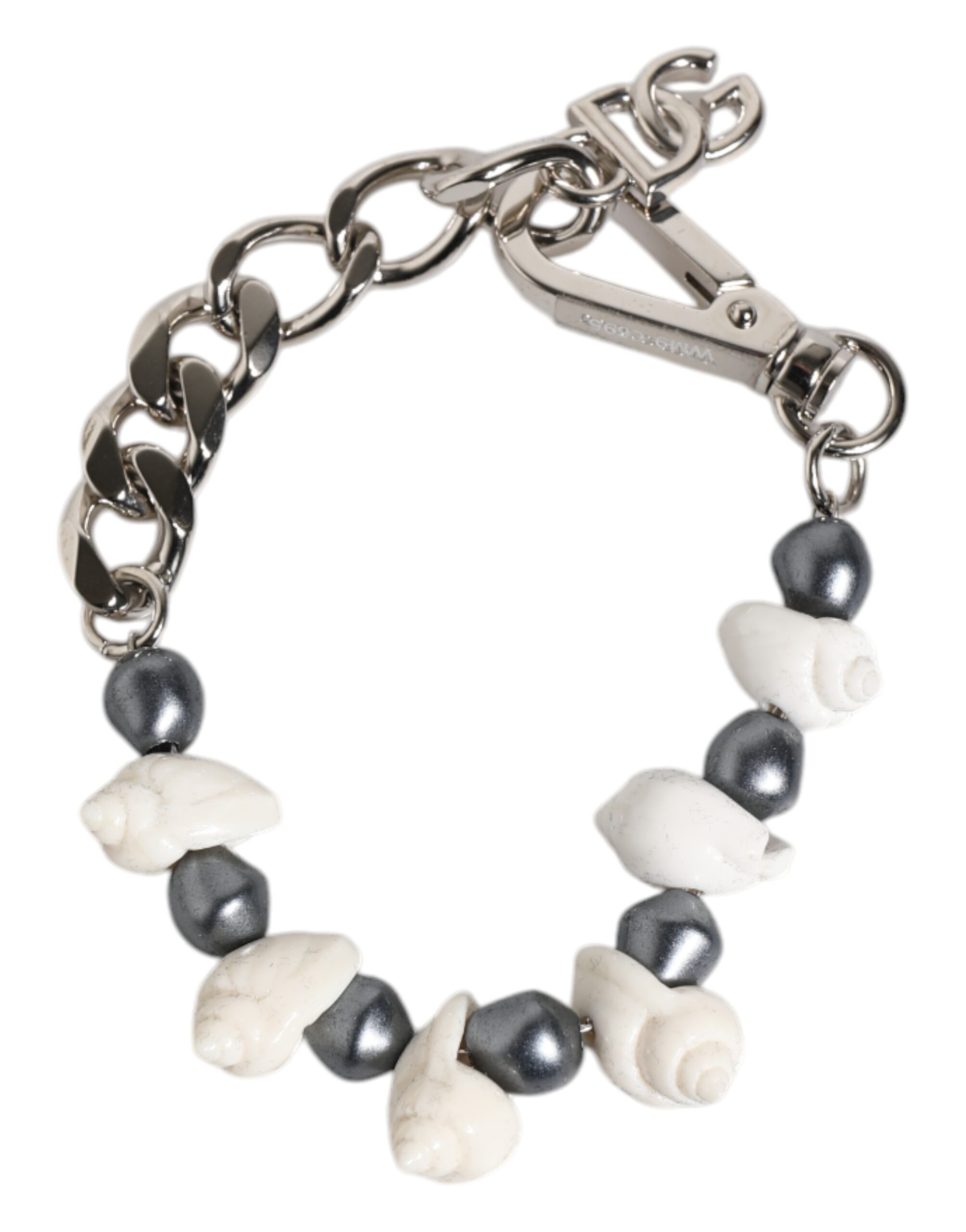 Dolce & Gabbana Silver Tone Brass Beaded Shell DG Logo Pendant Bracelet - Image 2