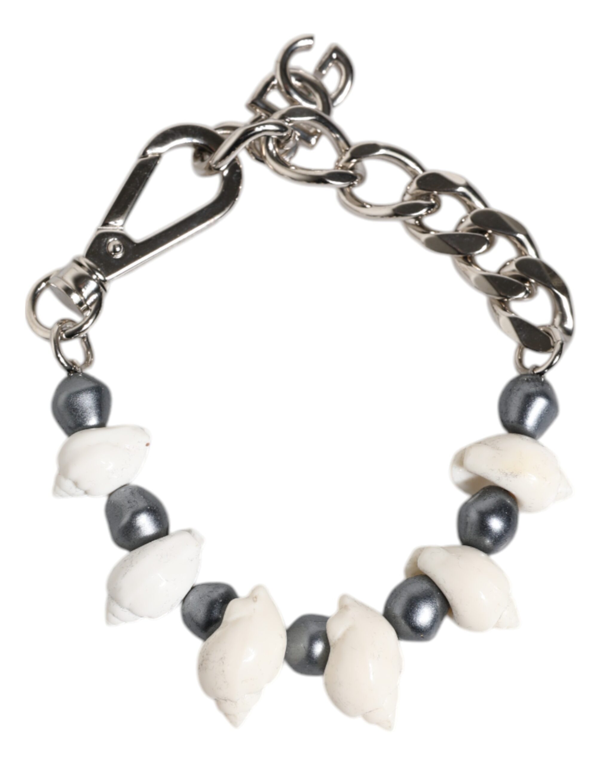 Dolce & Gabbana Silver Tone Brass Beaded Shell DG Logo Pendant Bracelet - Image 4