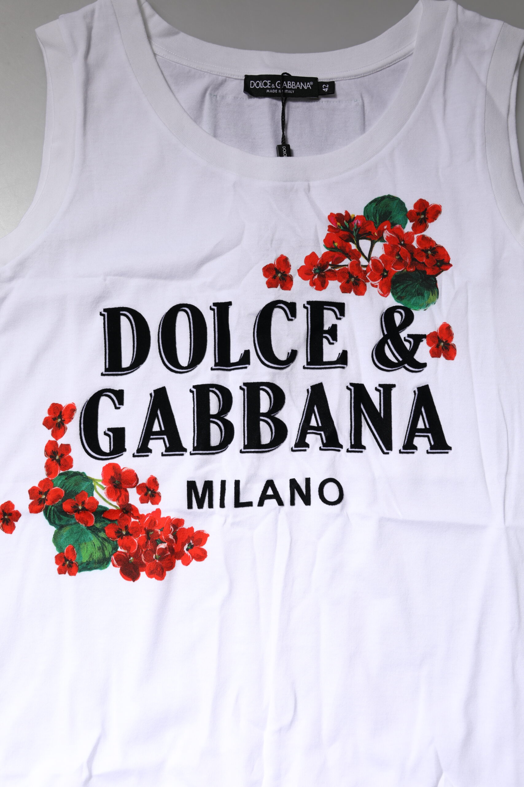 Dolce & Gabbana White Floral Printed Cotton Sleeveless T-shirt - Image 6