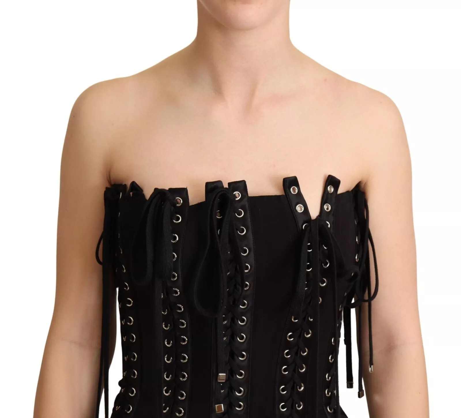 Dolce & Gabbana Black Cady Sleeveless Lace Up Bodycon Dress - Image 4