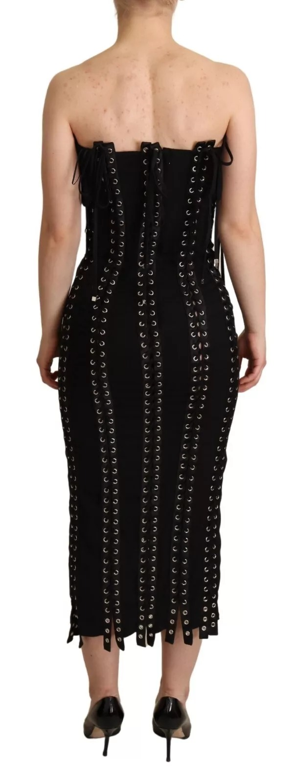 Dolce & Gabbana Black Cady Sleeveless Lace Up Bodycon Dress - Image 3