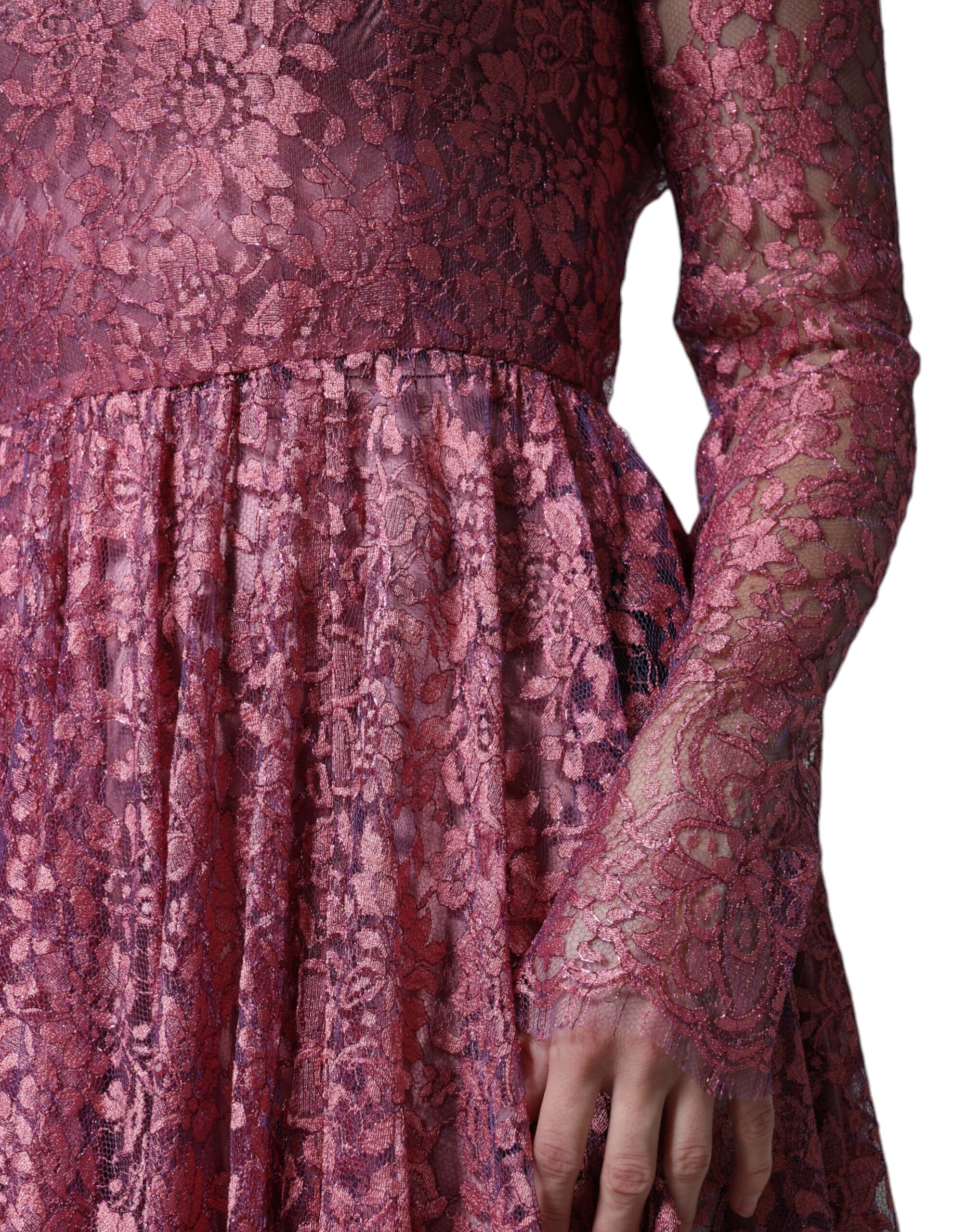 Dolce & Gabbana Pink Floral Lace Long Sleeve Midi Dress - Image 2