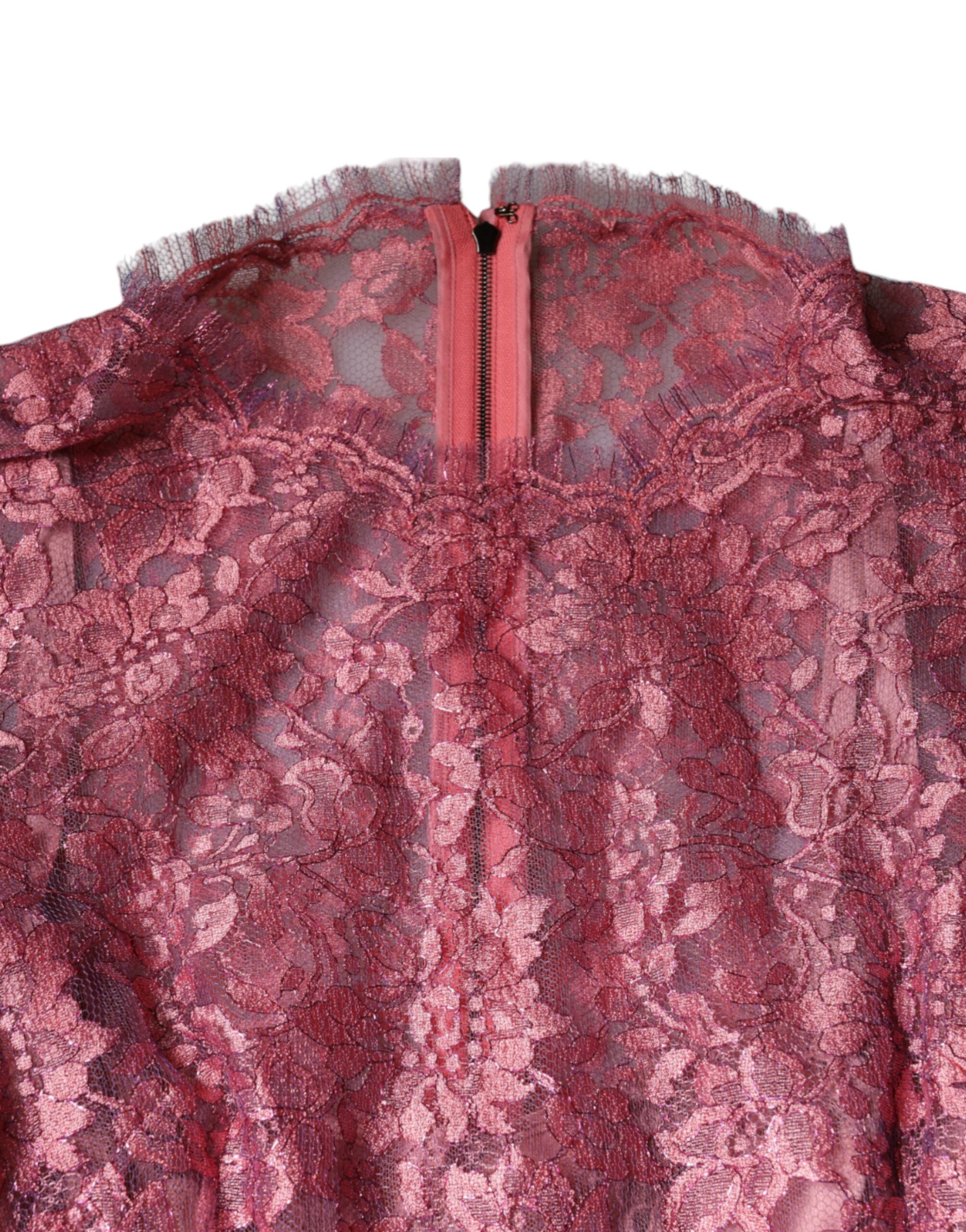 Dolce & Gabbana Pink Floral Lace Long Sleeve Midi Dress - Image 3