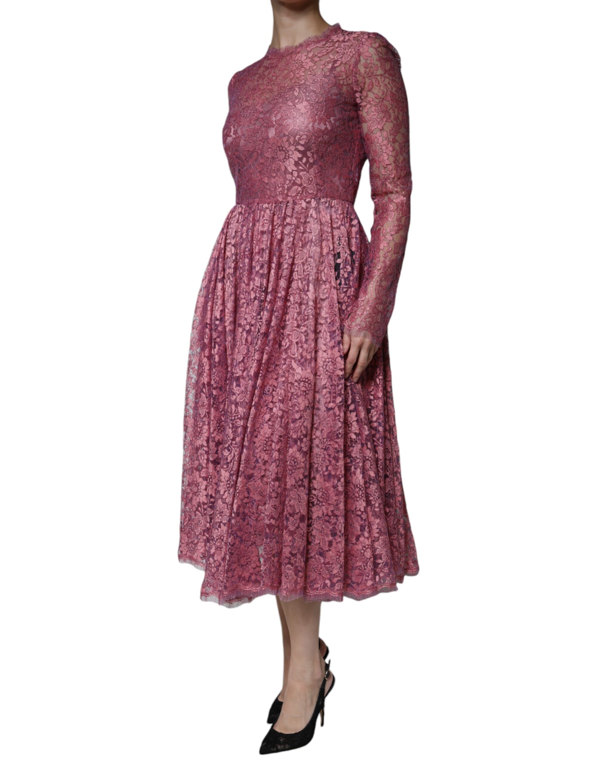 Dolce & Gabbana Pink Floral Lace Long Sleeve Midi Dress - Image 5