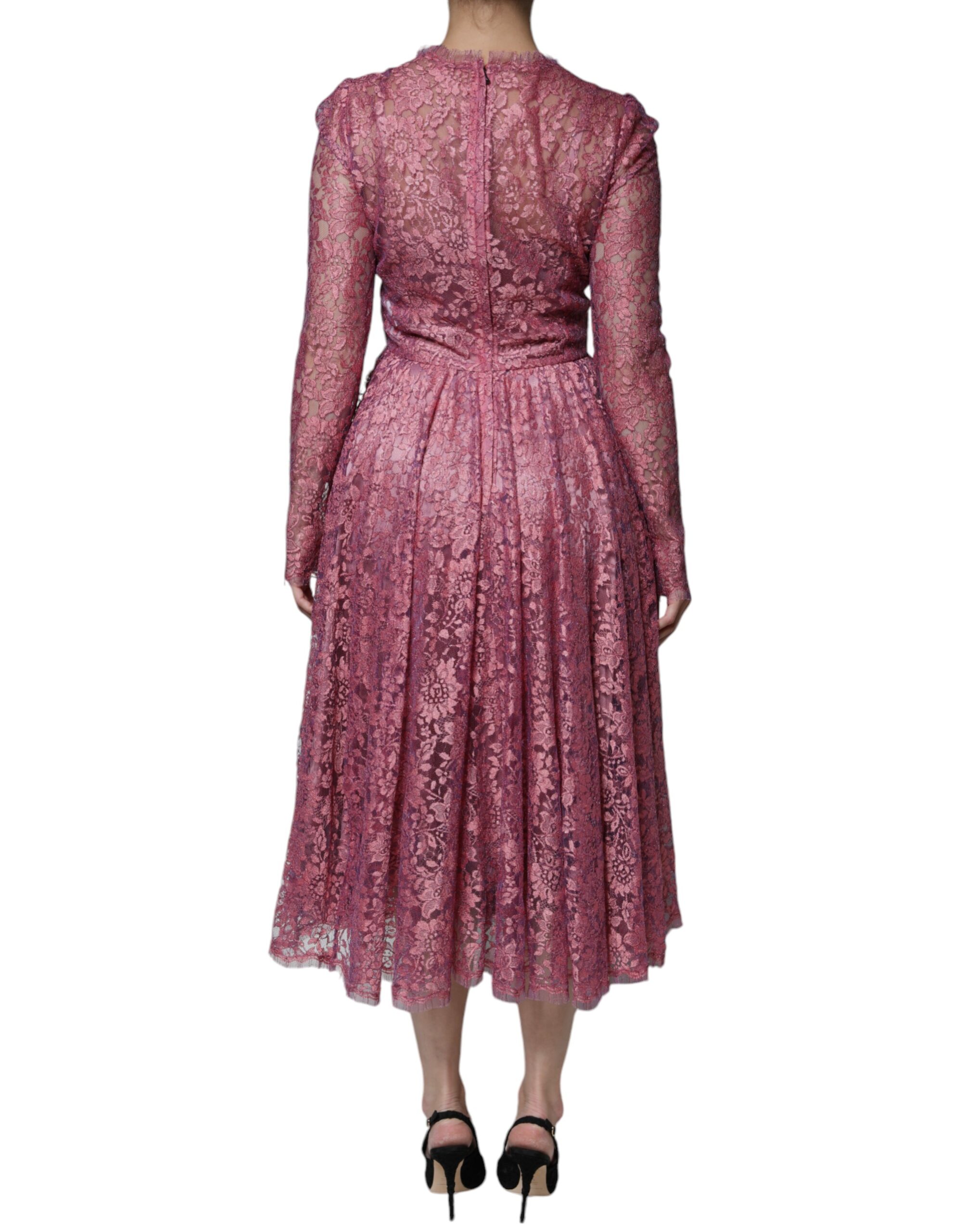 Dolce & Gabbana Pink Floral Lace Long Sleeve Midi Dress - Image 6