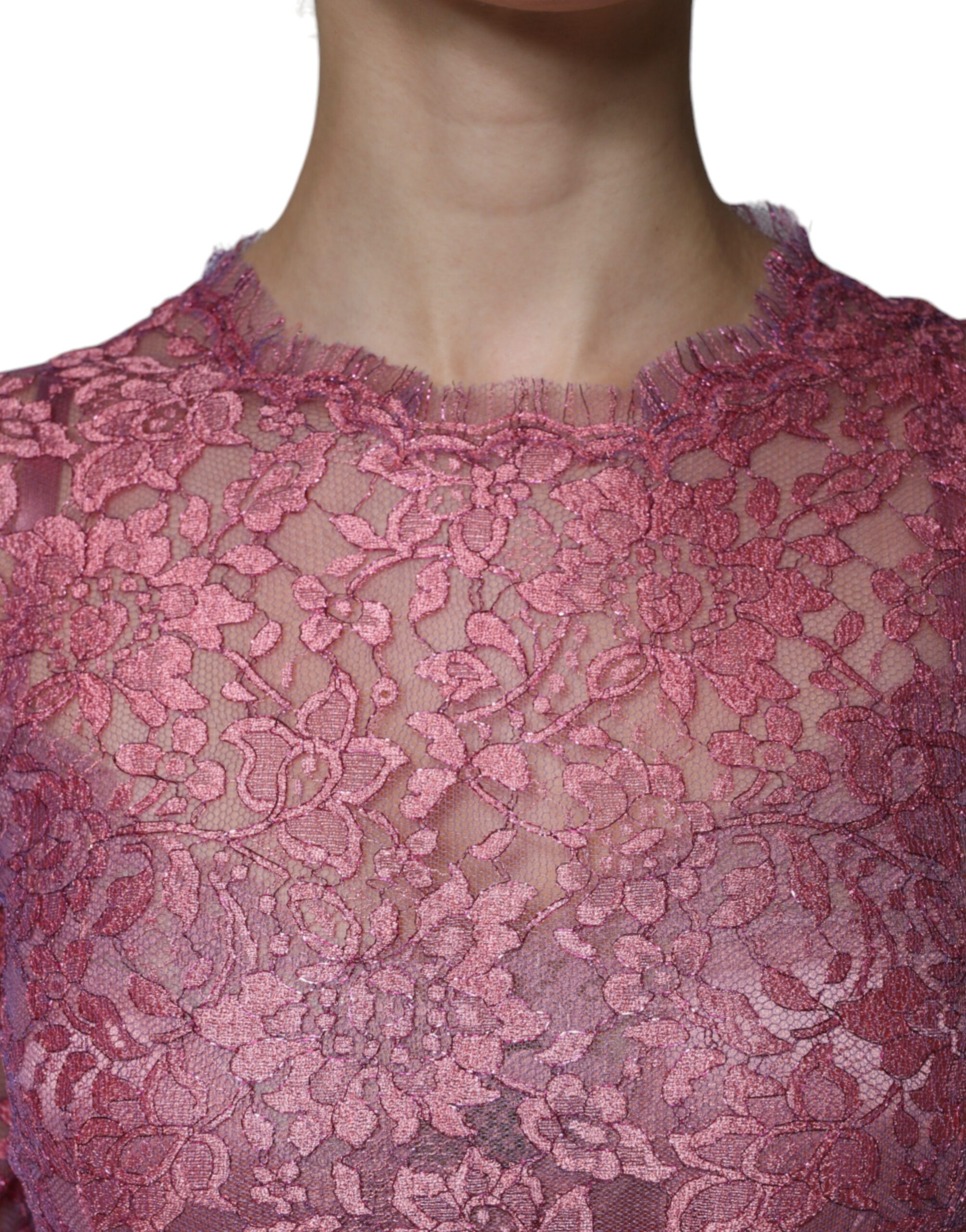 Dolce & Gabbana Pink Floral Lace Long Sleeve Midi Dress - Image 7