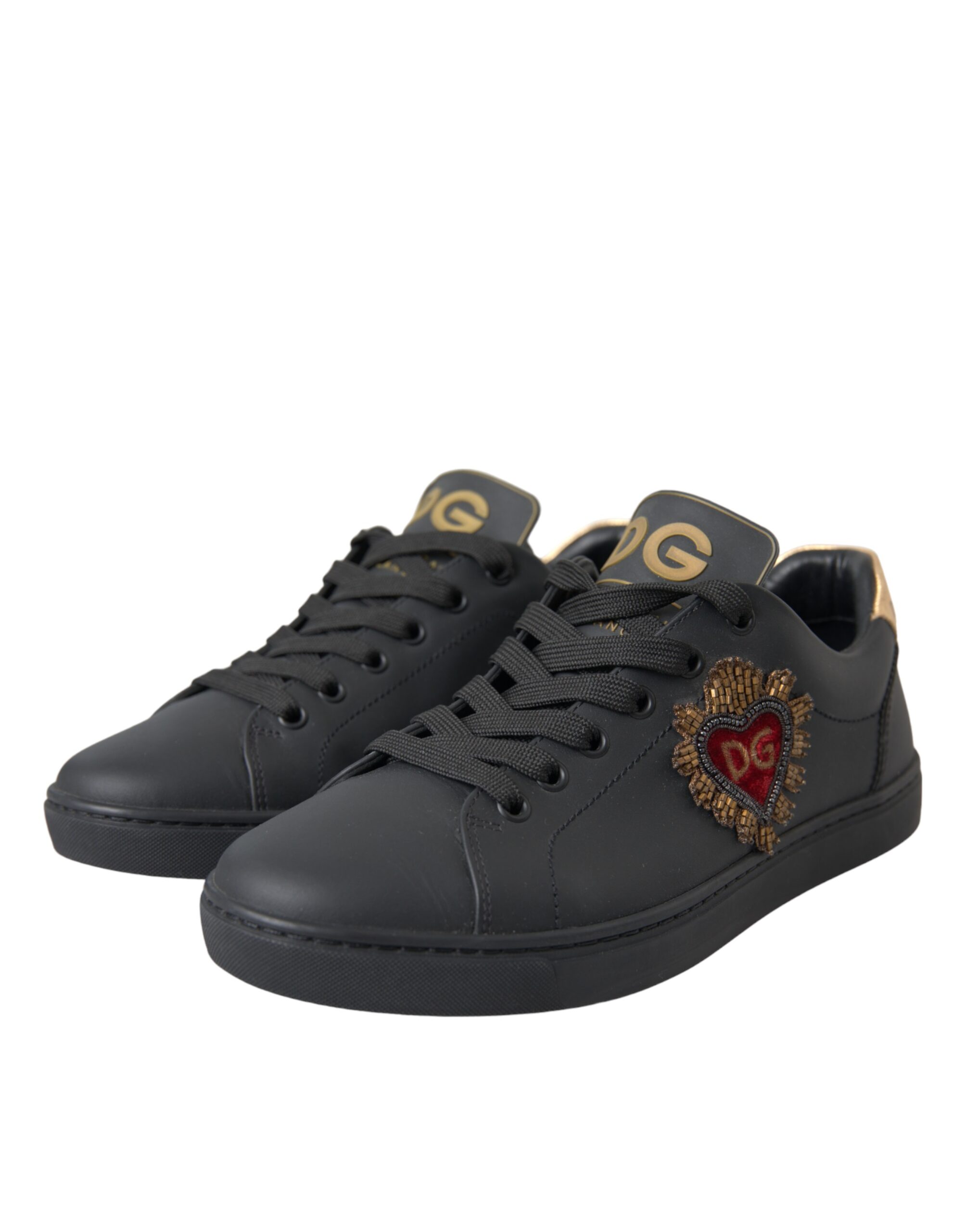 Dolce & Gabbana Black Leather Heart Embellished Sneakers Shoes - Image 3