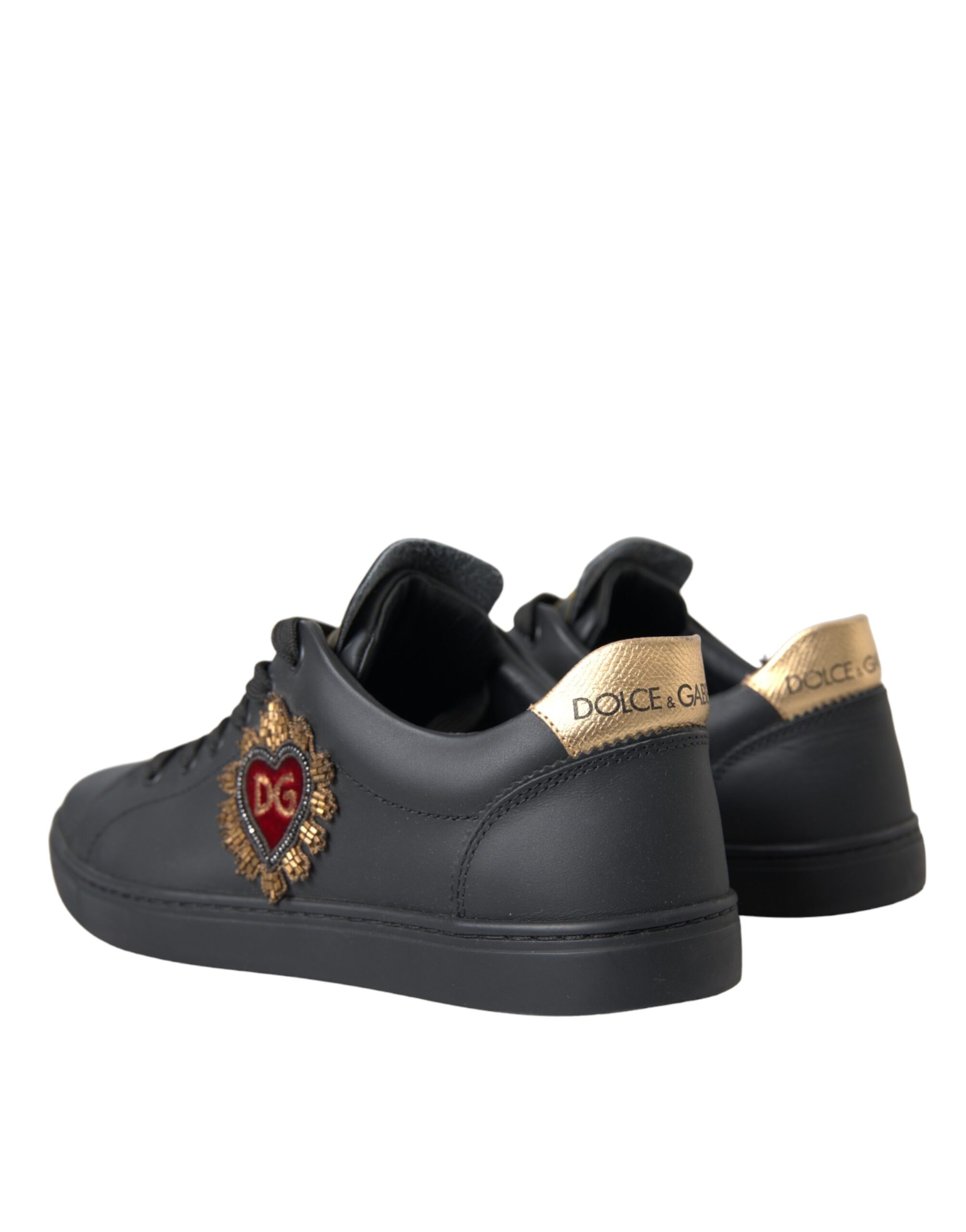 Dolce & Gabbana Black Leather Heart Embellished Sneakers Shoes - Image 4