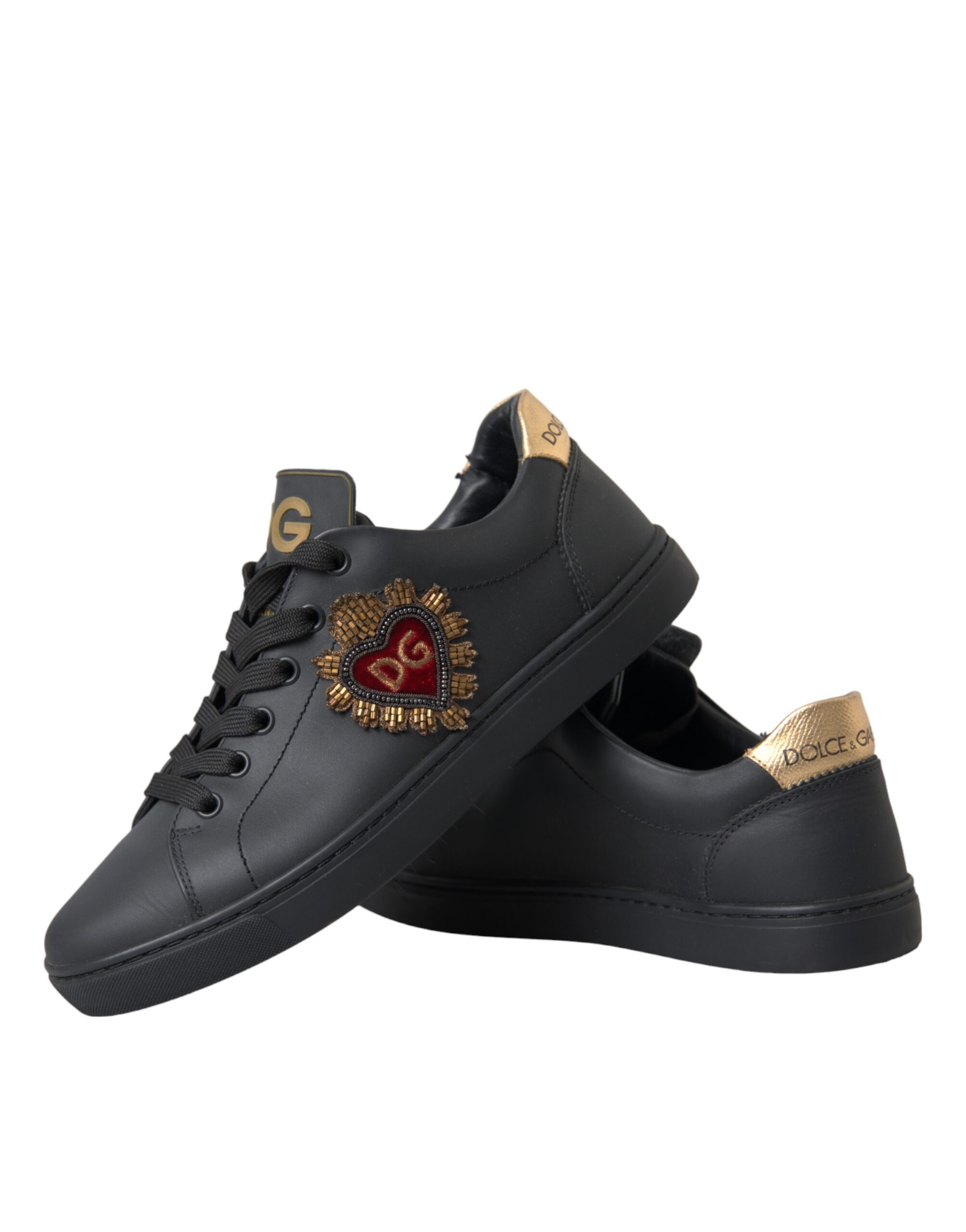 Dolce & Gabbana Black Leather Heart Embellished Sneakers Shoes - Image 6