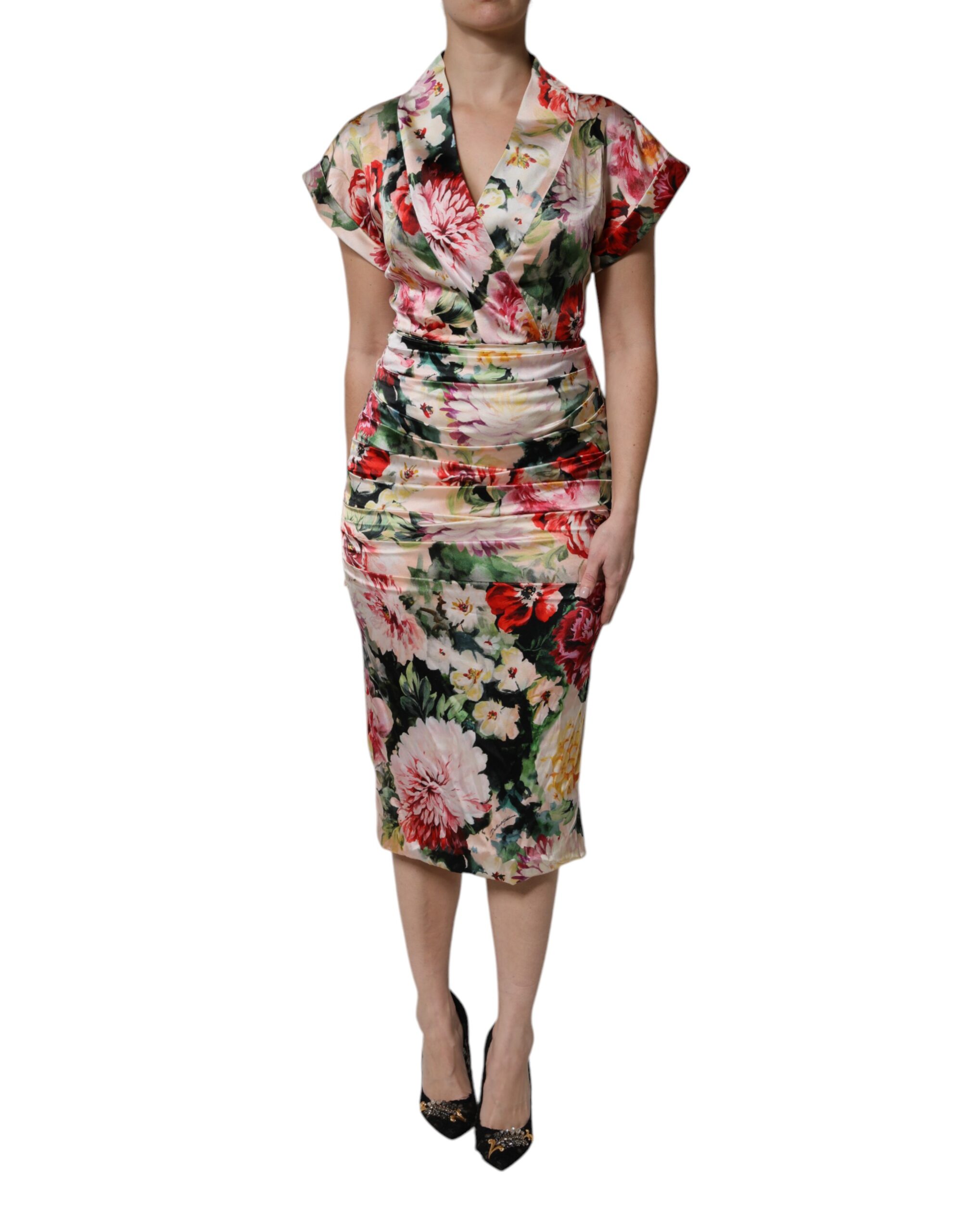 Dolce & Gabbana Multicolor Floral Short Sleeves Sheath Midi Dress - Image 2