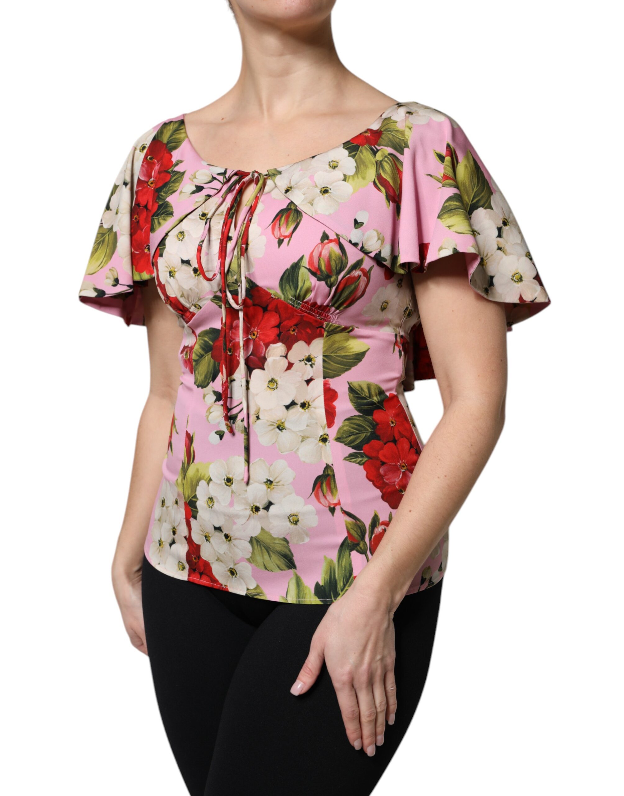 Dolce & Gabbana Pink Floral Silk Short Sleeves Blouse Top - Image 3