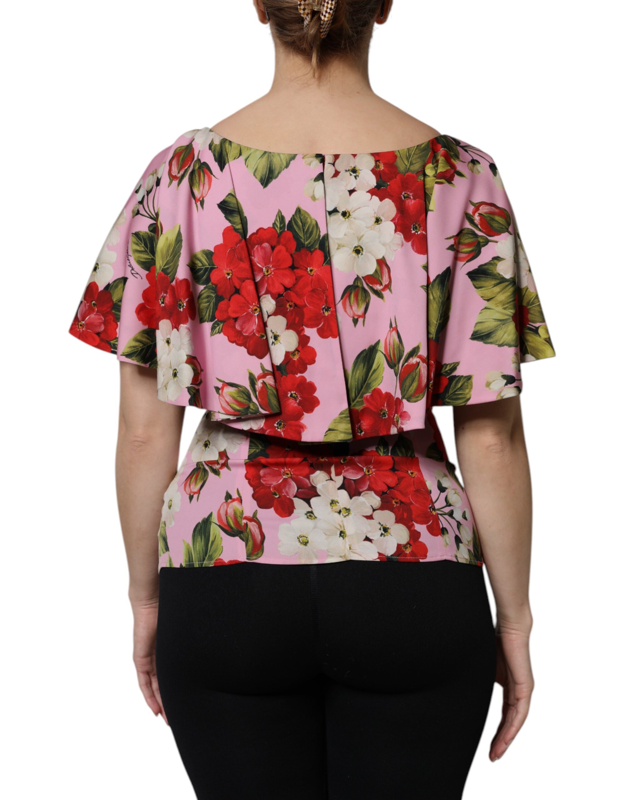 Dolce & Gabbana Pink Floral Silk Short Sleeves Blouse Top - Image 4
