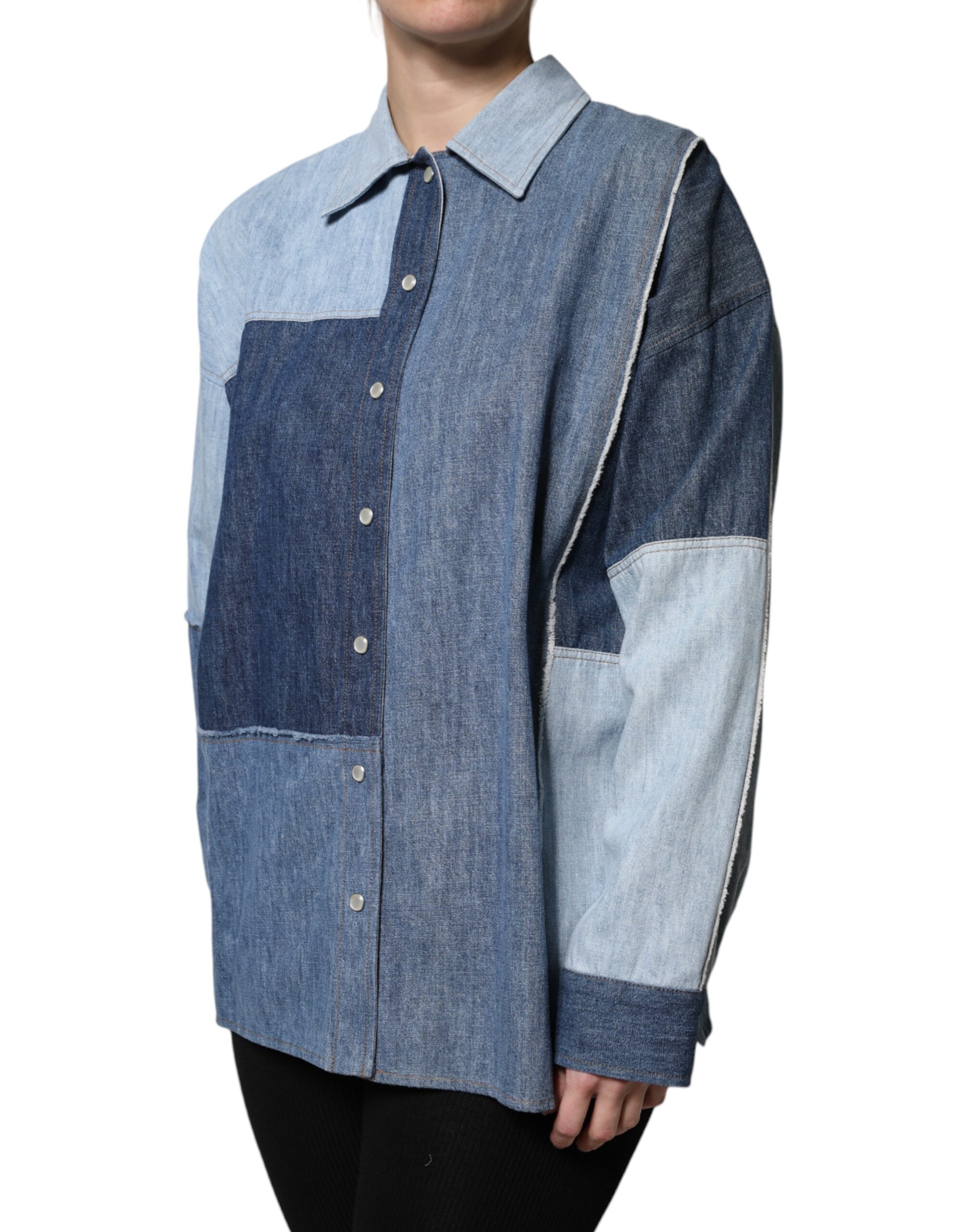 Dolce & Gabbana Blue Cotton Button Up Collared Long Sleeve Top - Image 3