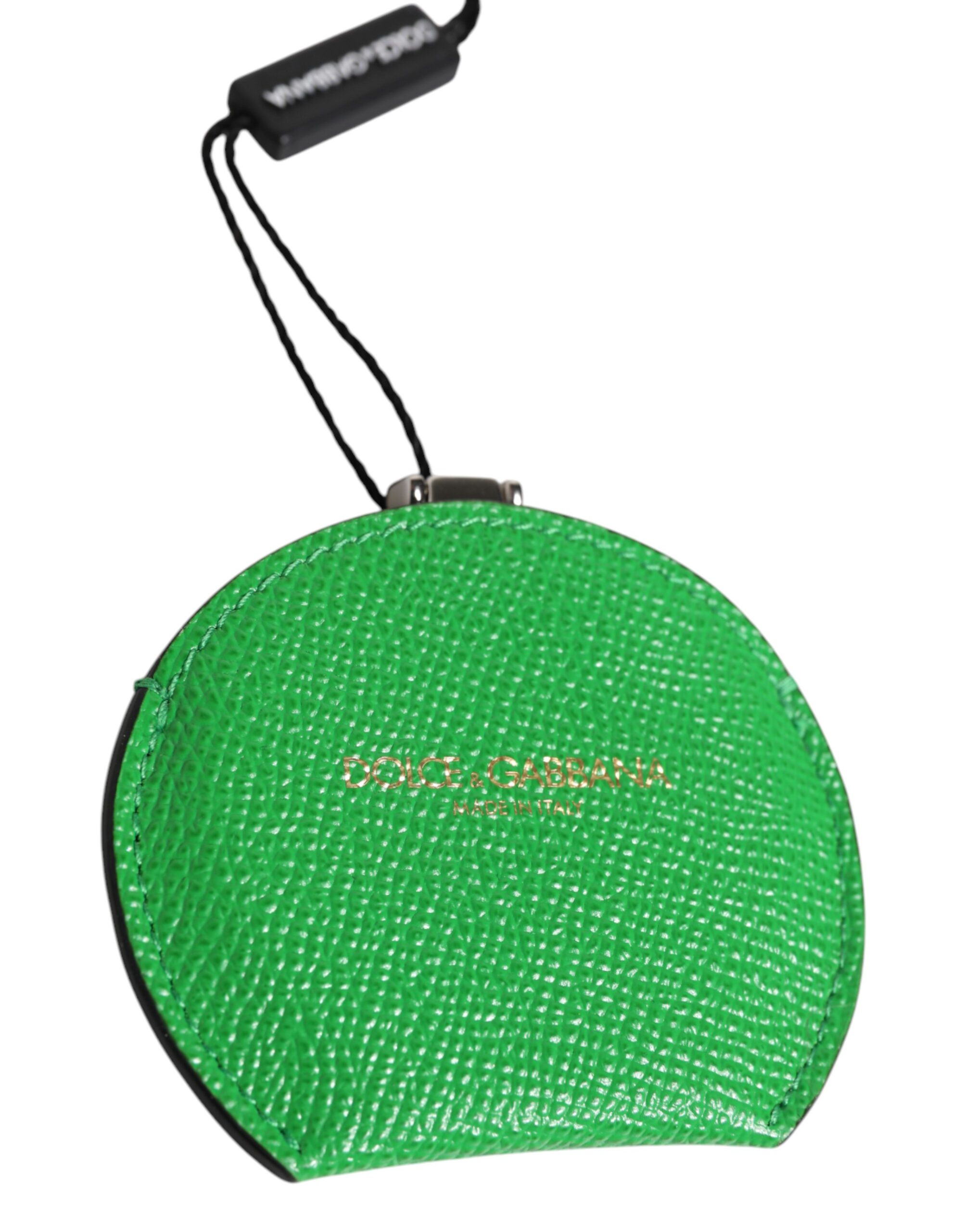 Dolce & Gabbana Green Calfskin Leather Round Logo Hand Mirror Holder - Image 3