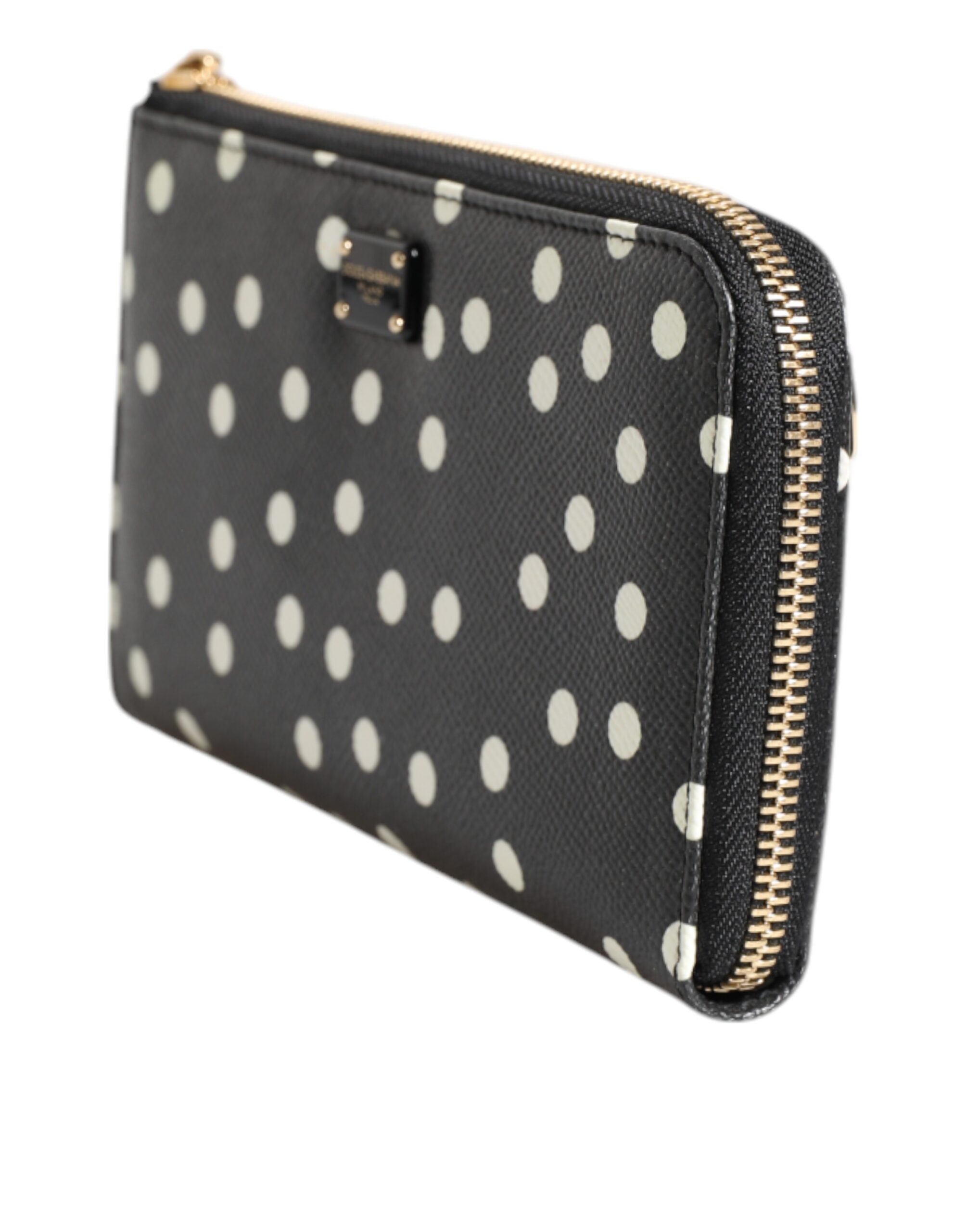 Dolce & Gabbana Black White Dotted Leather Zip Around Continental Wallet - Image 4