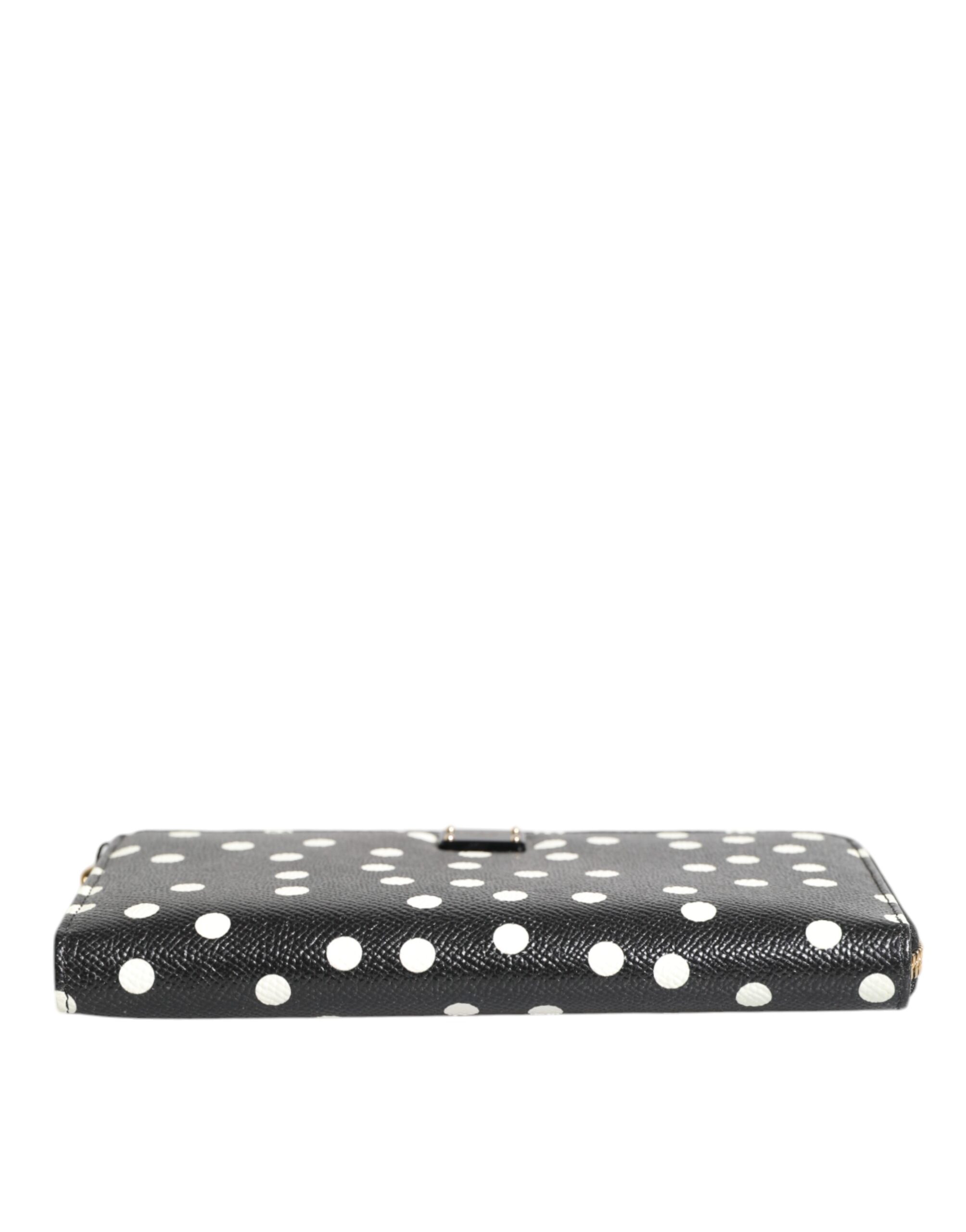 Dolce & Gabbana Black White Dotted Leather Zip Around Continental Wallet - Image 6