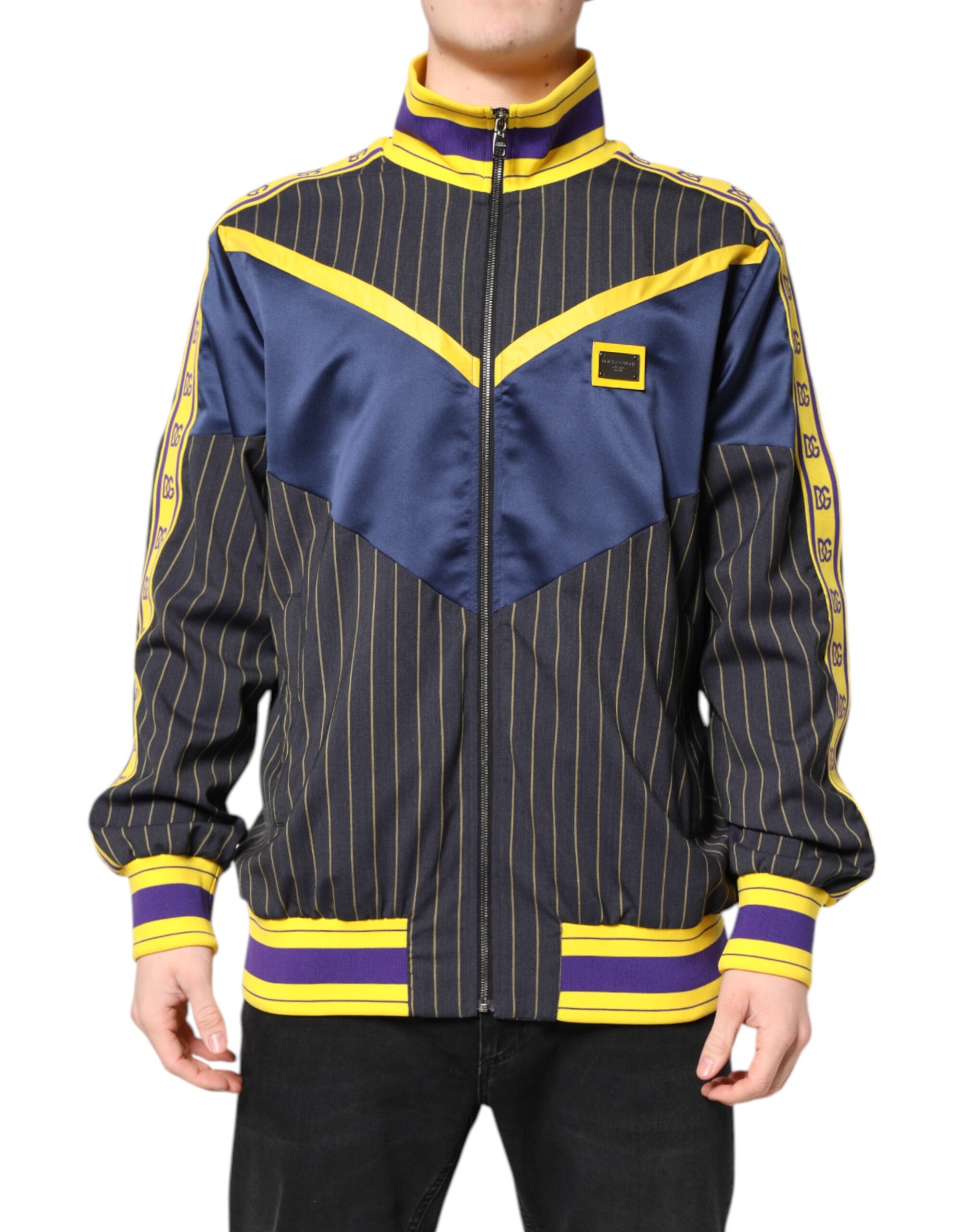 Dolce & Gabbana Black Striped Logo Full Zip Bomber Jacket - Image 2