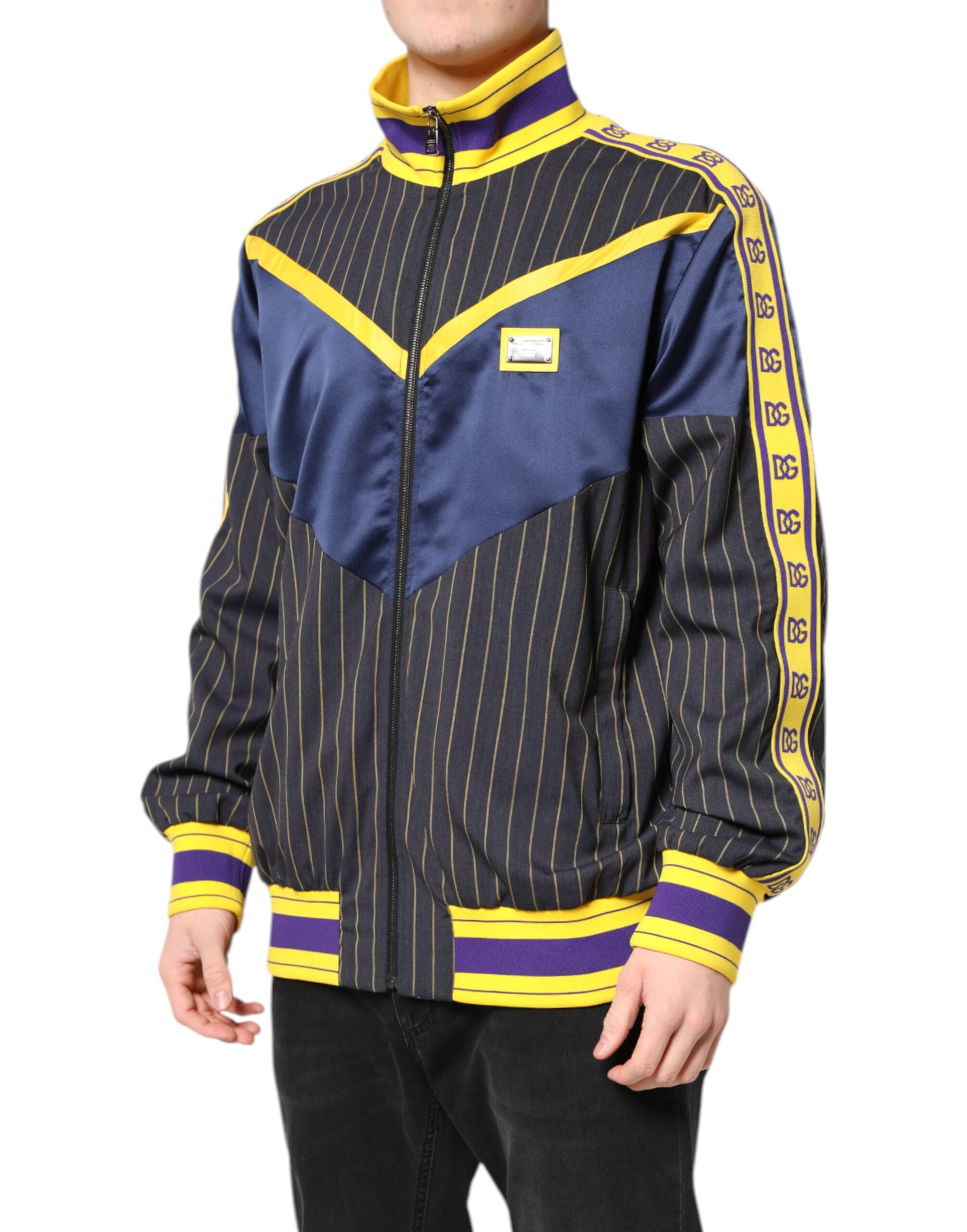 Dolce & Gabbana Black Striped Logo Full Zip Bomber Jacket - Image 3