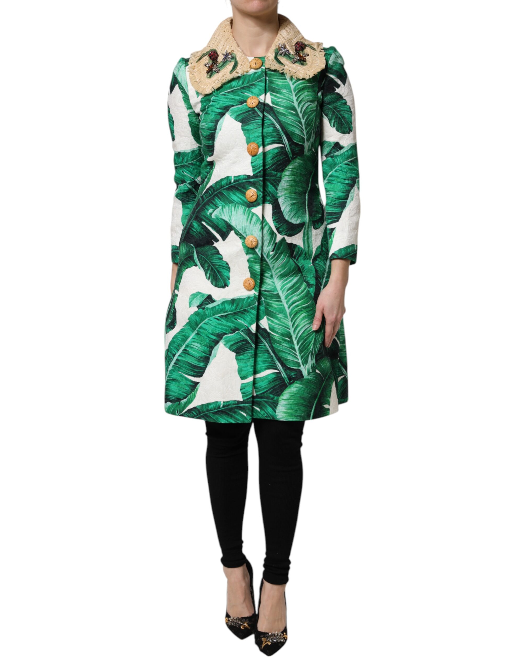Dolce & Gabbana Multicolor Leaf Print Embellished Trenchcoat Jacket - Image 2