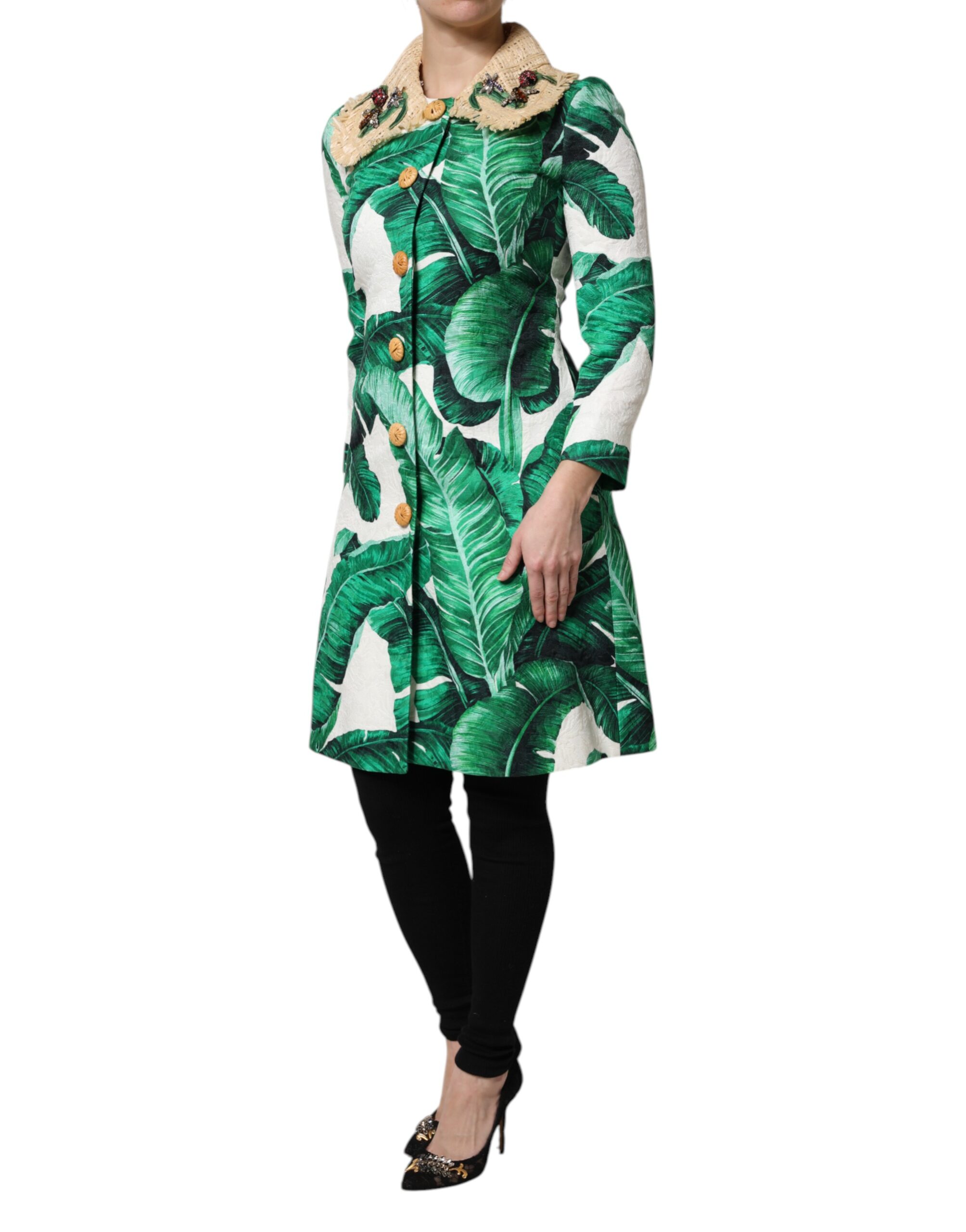 Dolce & Gabbana Multicolor Leaf Print Embellished Trenchcoat Jacket - Image 3