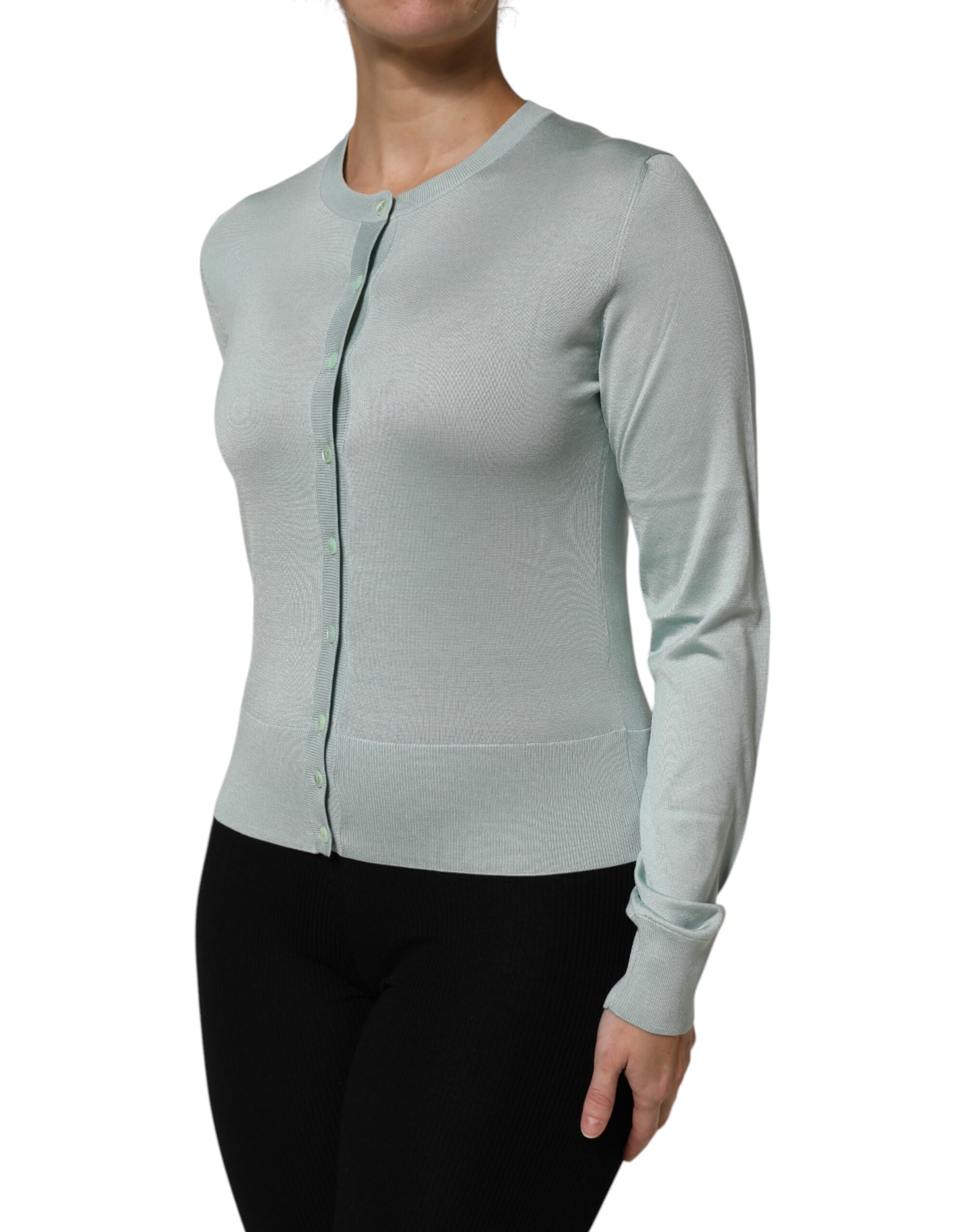 Dolce & Gabbana Light Green Silk Button Down Cardigan Sweater - Image 3
