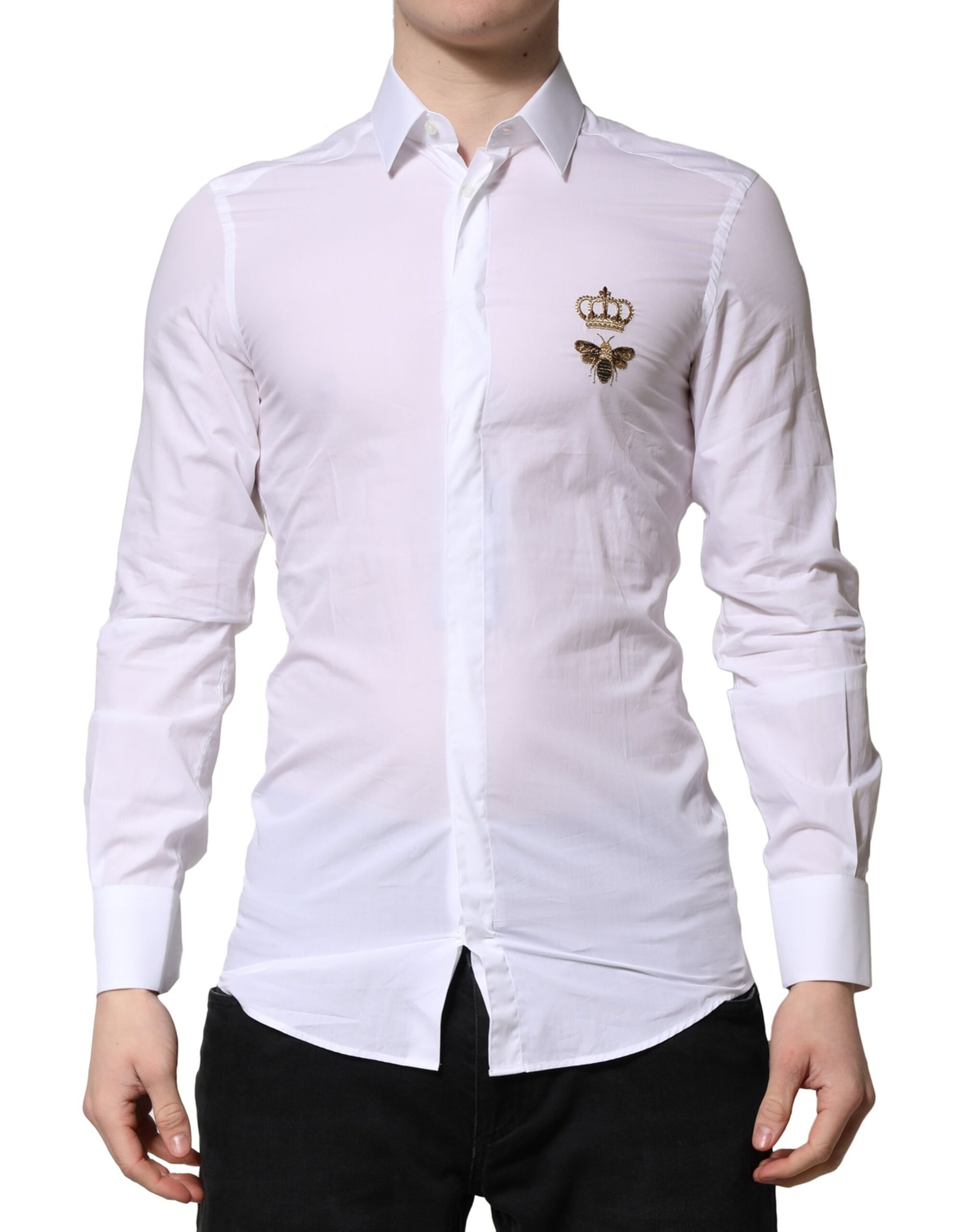 Dolce & Gabbana White GOLD Crown Bee Men Dress Formal Shirt - Image 2